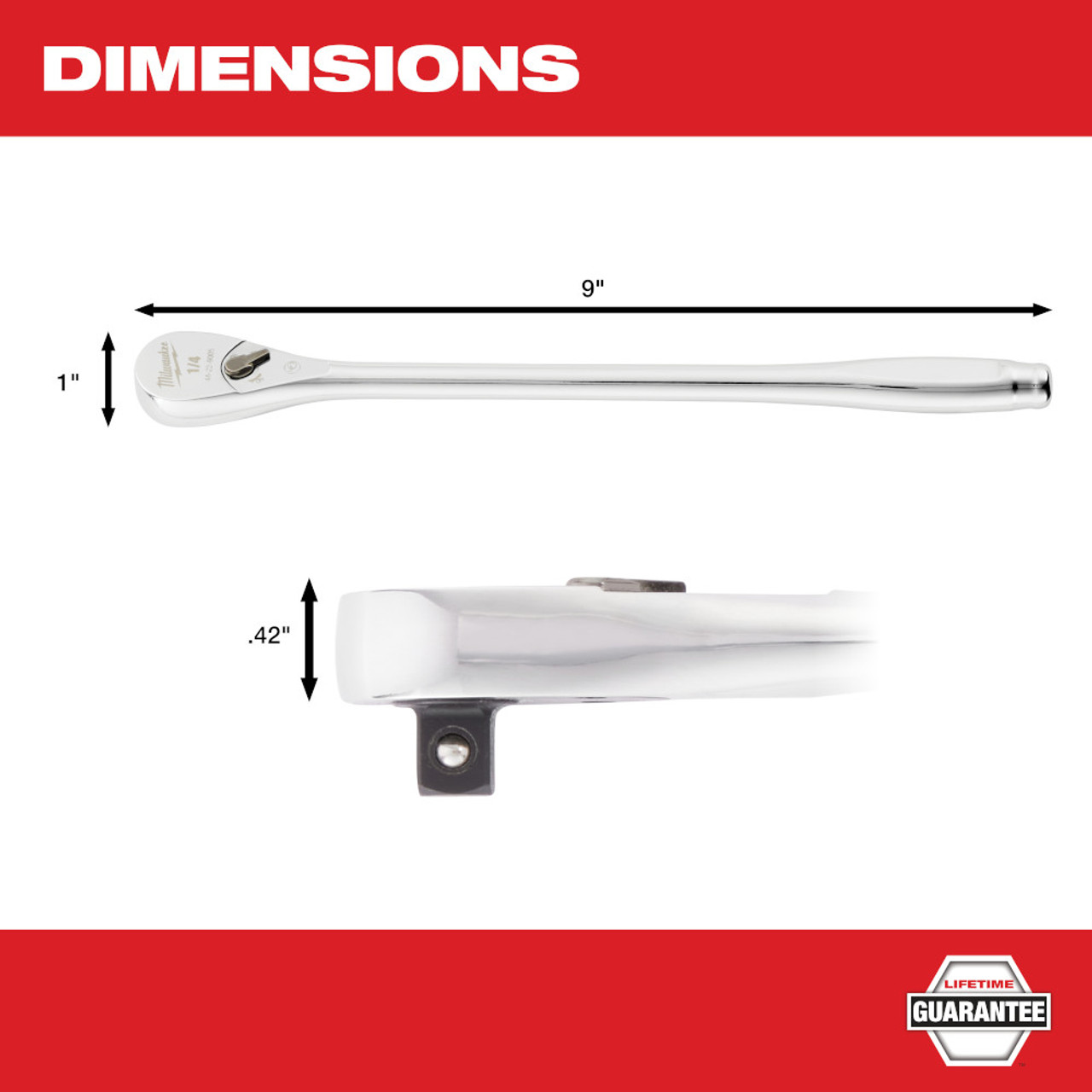 Milwaukee 48-22-9005 1/4-inch Drive 9-inch Extended Ratchet showing measurements of ratchet Milwaukee 48-22-9005 1/4-inch Drive 9-inch Extended Ratchet showing measurements of ratchet