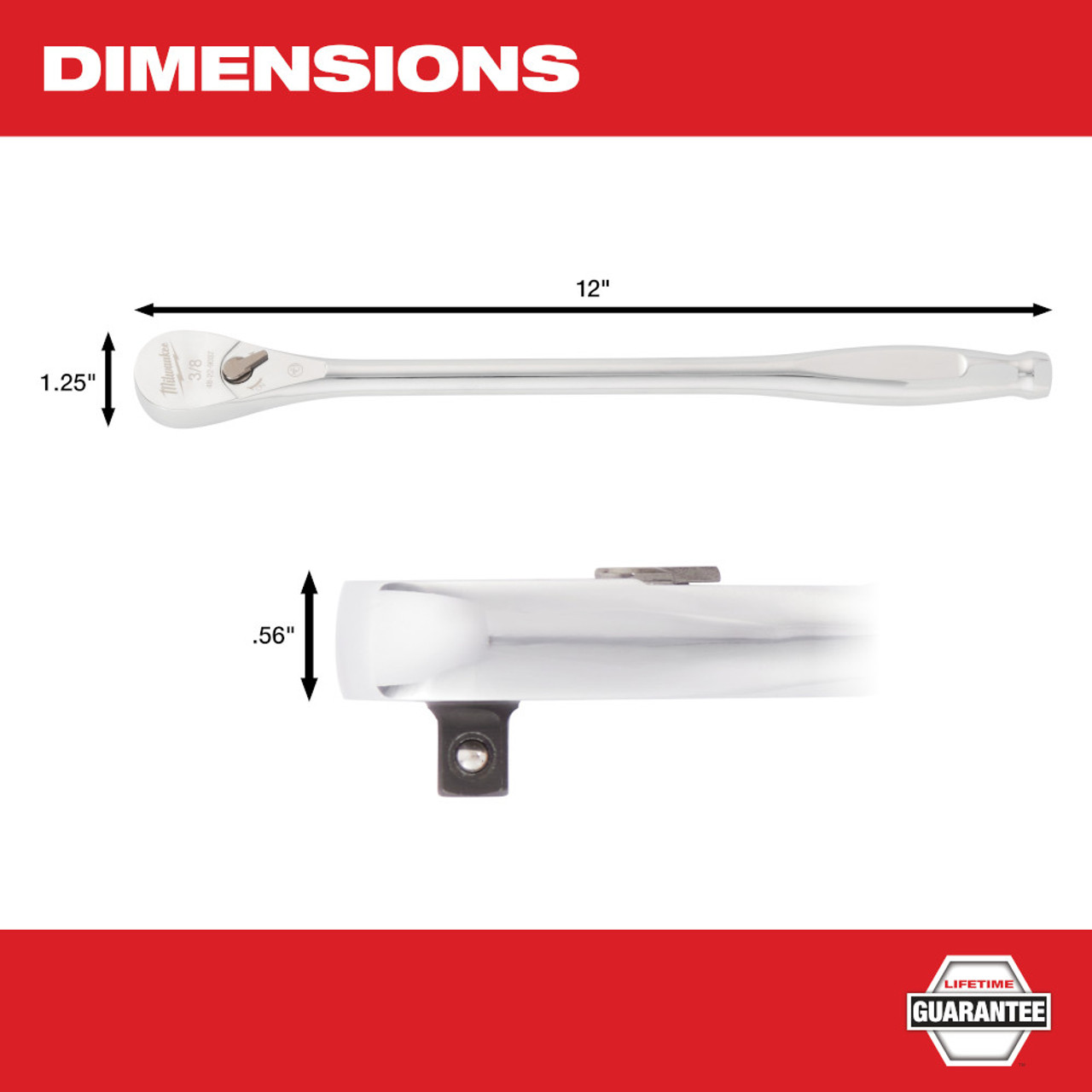 Milwaukee 48-22-9037 3/8-inch Drive 12-inch Extended Ratchet showing measurements of ratchet Milwaukee 48-22-9037 3/8-inch Drive 12-inch Extended Ratchet showing measurements of ratchet