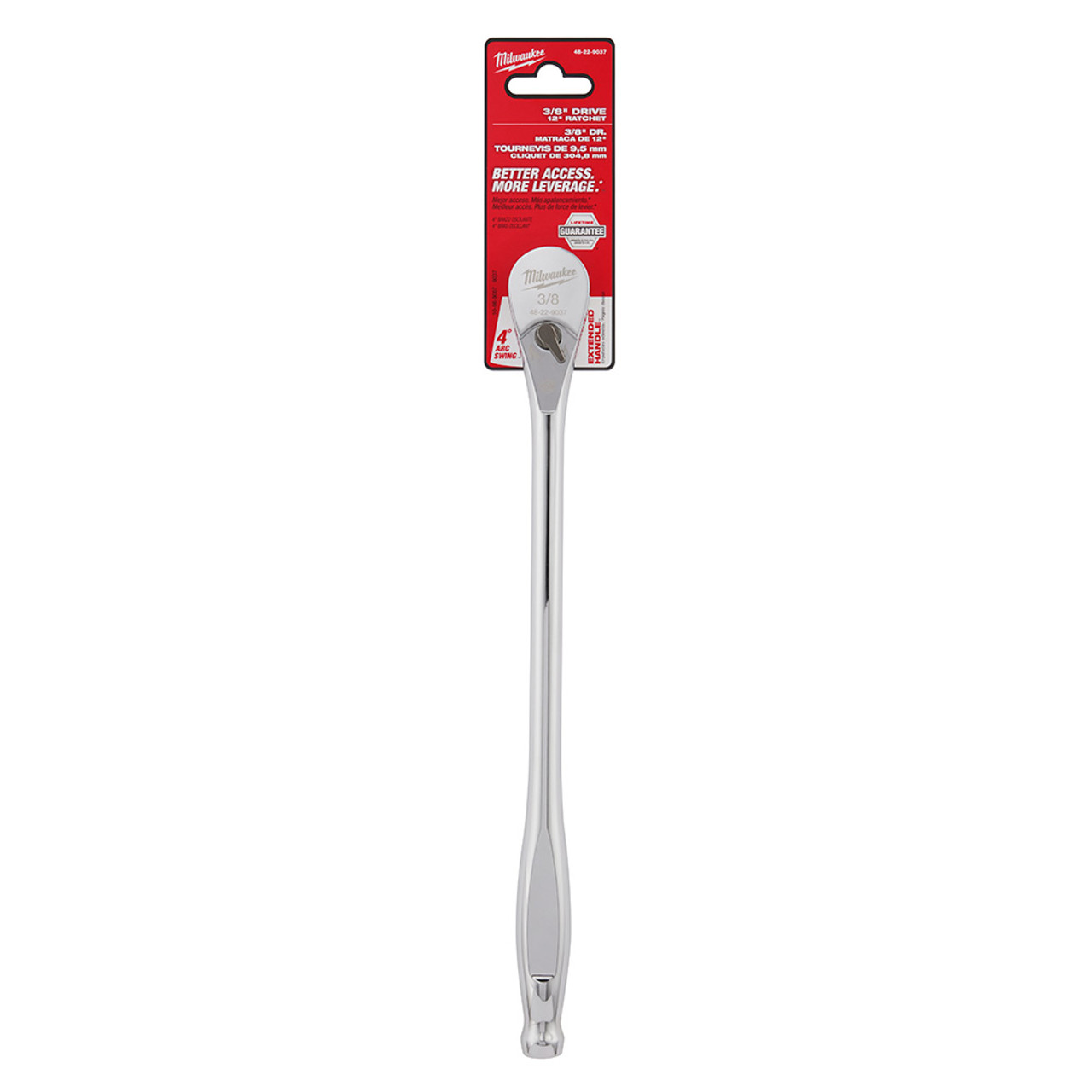 Milwaukee 48-22-9037 3/8-inch Drive 12-inch Extended Ratchet showing ratchet in packaging Milwaukee 48-22-9037 3/8-inch Drive 12-inch Extended Ratchet showing ratchet in packaging
