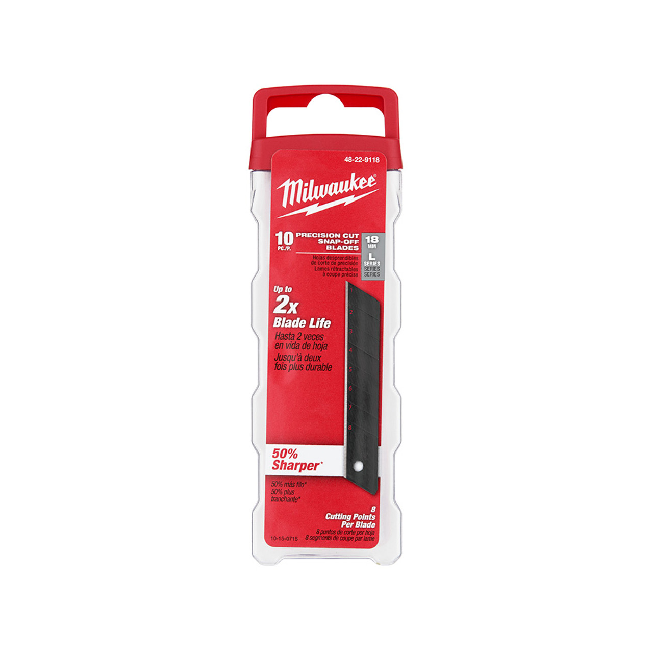 Milwaukee 48-22-9118 L Series 18mm Precision Snap Blades - 10pk  showing blades in storage packaging