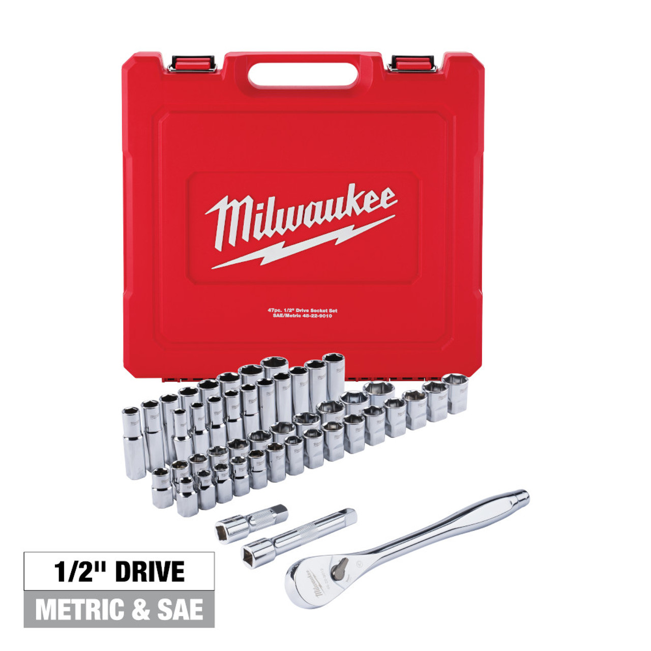 Milwaukee 48-22-9010 47pc Metric  and SAE 1/2-inch Drive Ratchet  and Socket Set Milwaukee 48-22-9010 47pc Metric  and SAE 1/2-inch Drive Ratchet  and Socket Set