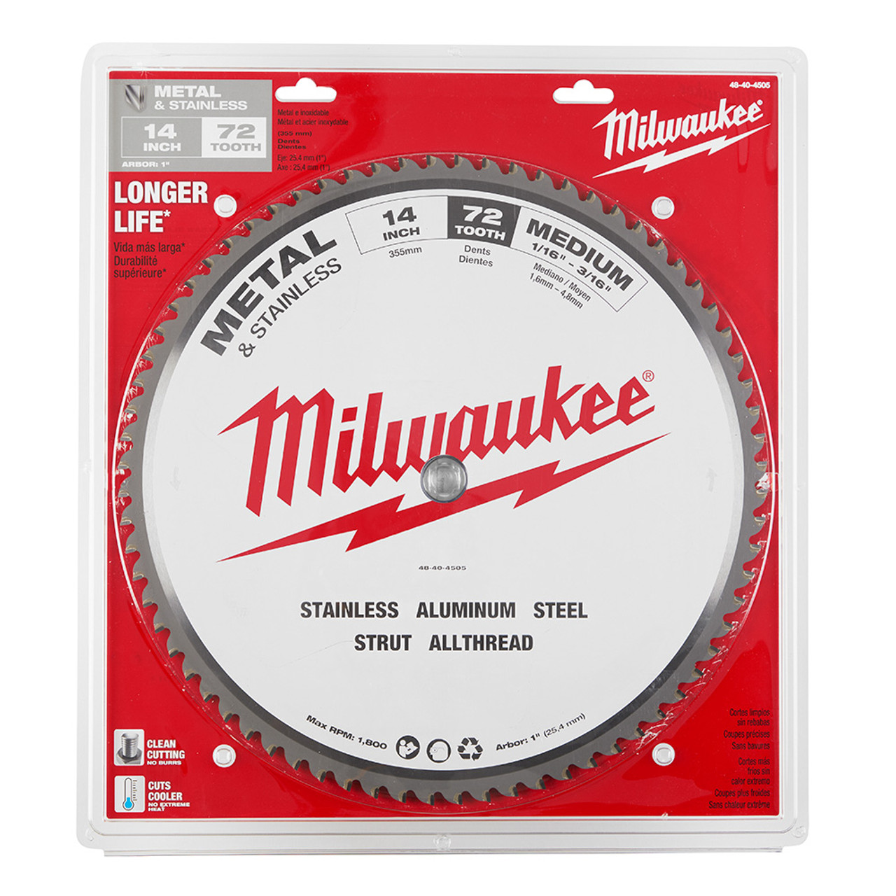 Milwaukee 48-40-4505 14-inch x 72T Ferrous Metal & Stainless Cutting Circular Saw Blade showing saw blade in packaging