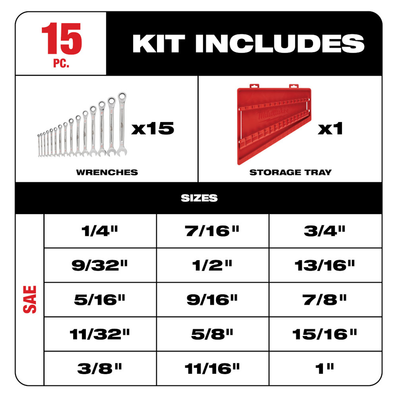 Milwaukee 48-22-9416 15pc SAE Ratcheting Combination Wrench Set showing inclusions of the set Milwaukee 48-22-9416 15pc SAE Ratcheting Combination Wrench Set showing inclusions of the set