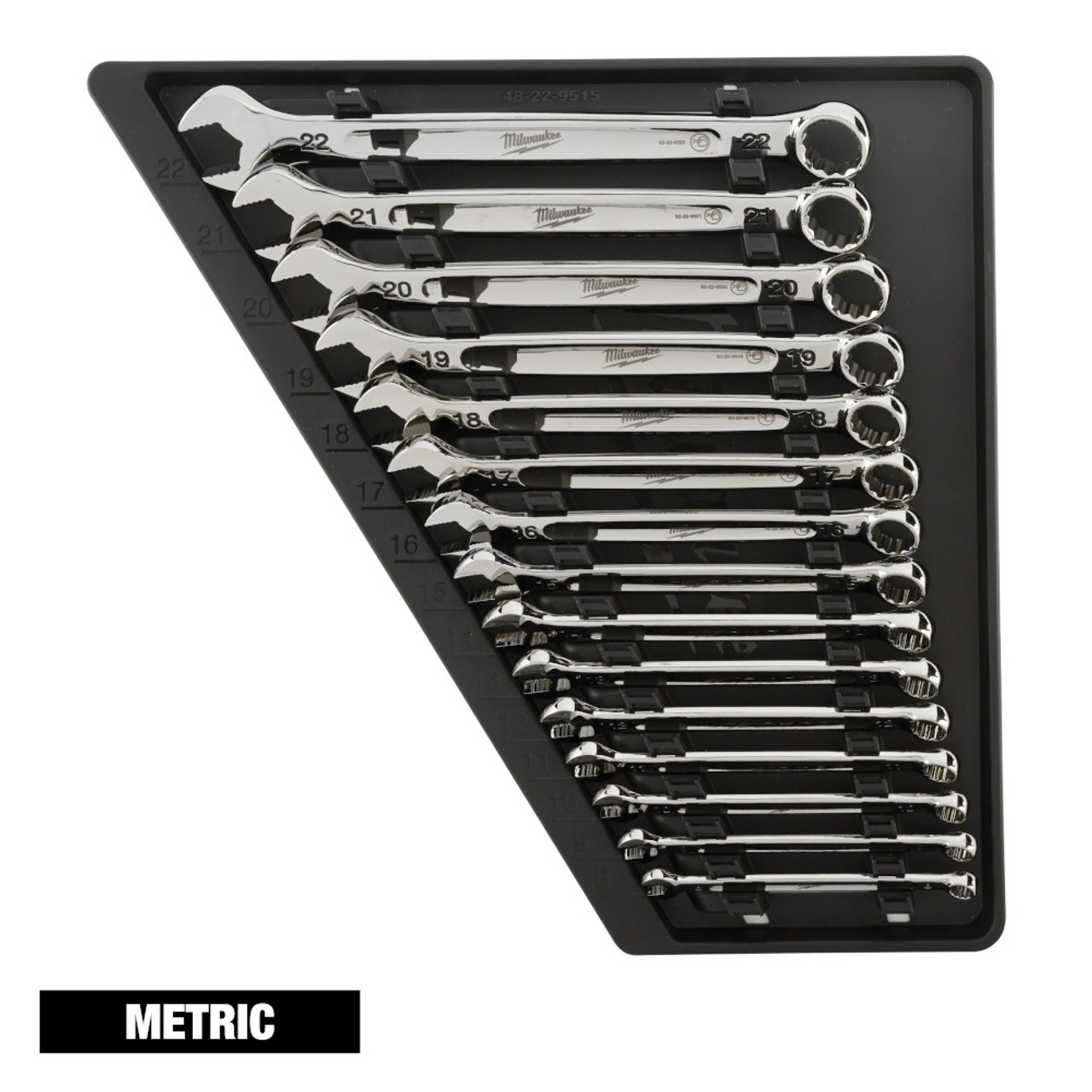 Milwaukee 48-22-9515 15pc Metric Combination Wrench Set showing wrenches in storage carrier Milwaukee 48-22-9515 15pc Metric Combination Wrench Set showing wrenches in storage carrier