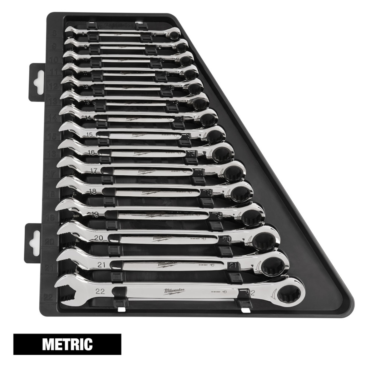 Milwaukee 48-22-9516 15pc Metric Ratcheting Combination Wrench Set showing wrenches in storage carrier Milwaukee 48-22-9516 15pc Metric Ratcheting Combination Wrench Set showing wrenches in storage carrier