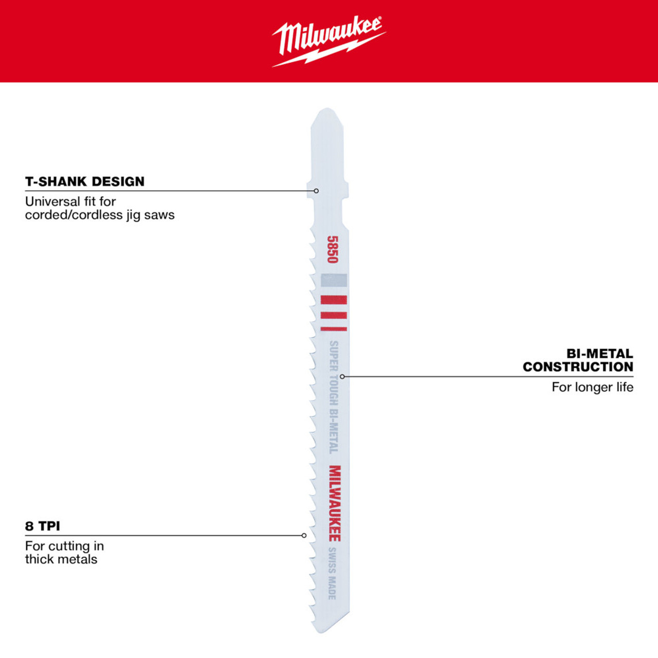 Milwaukee 48-42-5850 4-inch x 8 TPI Bi-Metal Cutting Multi-Material Cutting Jig Saw Blades - 5pk showing features of the blade