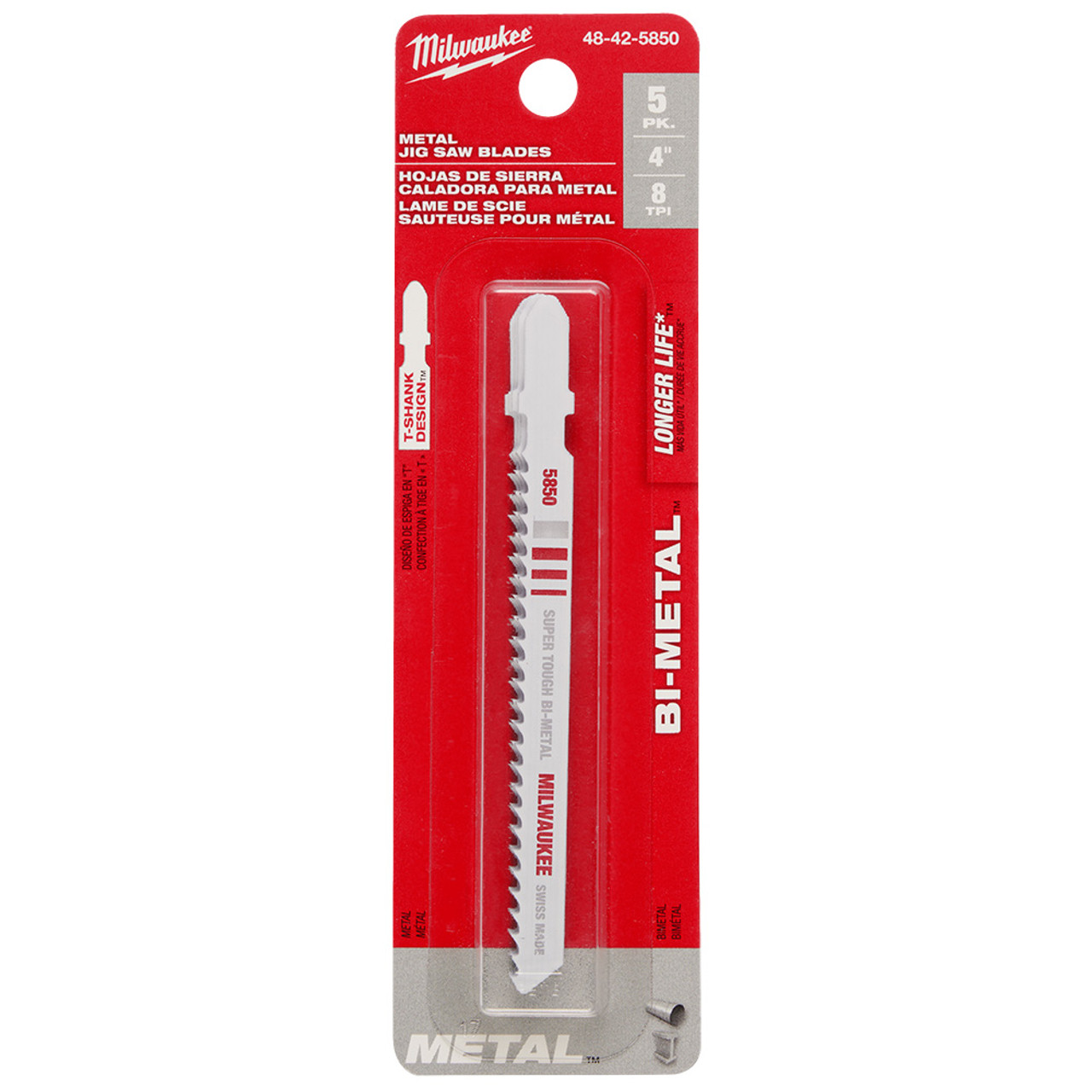 Milwaukee 48-42-5850 4-inch x 8 TPI Bi-Metal Cutting Multi-Material Cutting Jig Saw Blades - 5pk showing blade in packaging