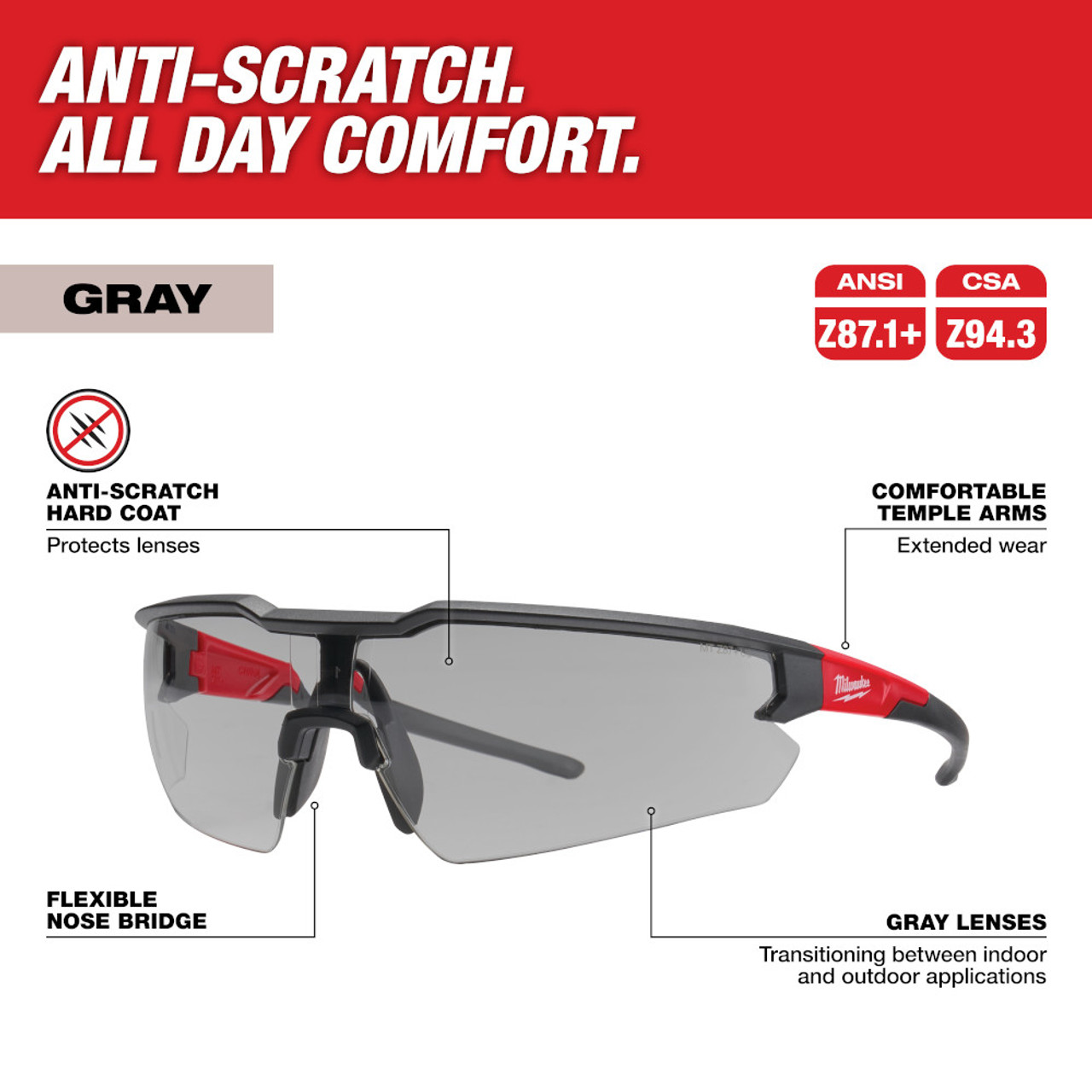 Milwaukee 48-73-2105 Anti-Scratch Gray Safety Glasses showing features of the glasses Milwaukee 48-73-2105 Anti-Scratch Gray Safety Glasses showing features of the glasses