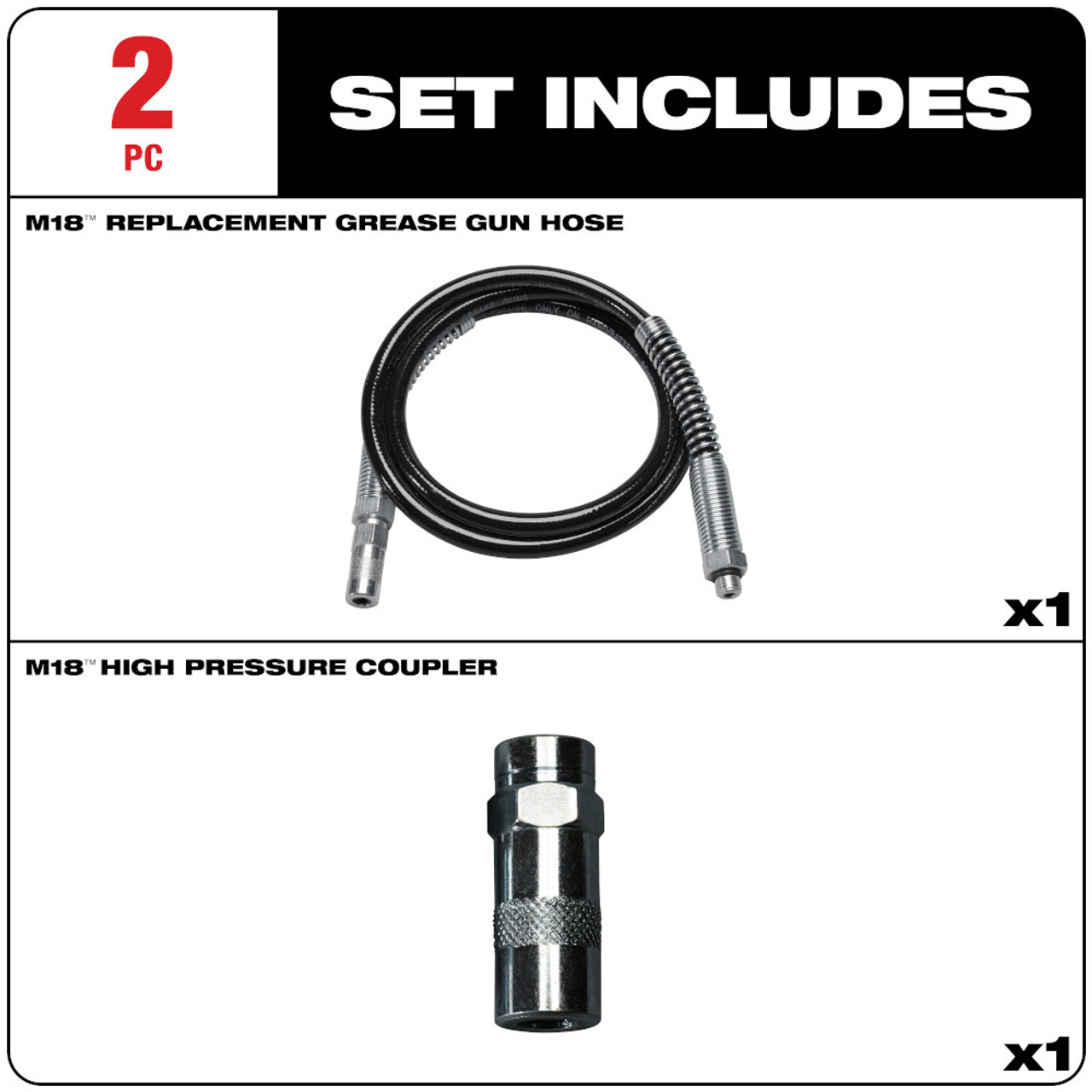 Milwaukee 49-16-2647 48-inch Grease Gun Replacement Hose with HP Coupler showing inclusions of the set