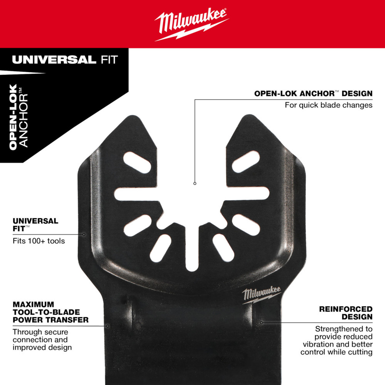 Milwaukee 49-10-9001 OPEN-LOK 3pc Universal Fit All-Purpose Multi-Tool Oscillating Blade Set showing features of the blades