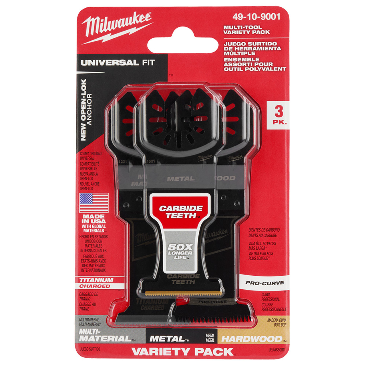 Milwaukee 49-10-9001 OPEN-LOK 3pc Universal Fit All-Purpose Multi-Tool Oscillating Blade Set showing blade set in packaging