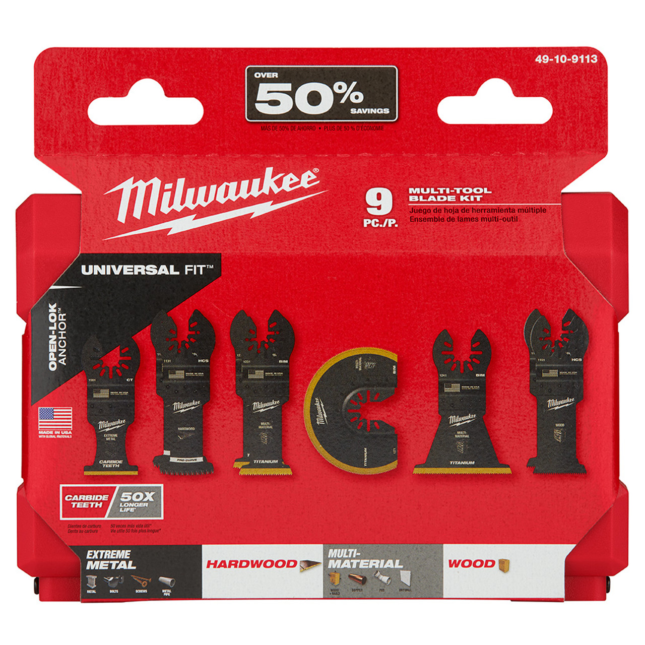 Milwaukee 49-10-9113 OPEN-LOK 9pc Universal Fit Multi-Tool Oscillating Blade Set showing blade set in packaging