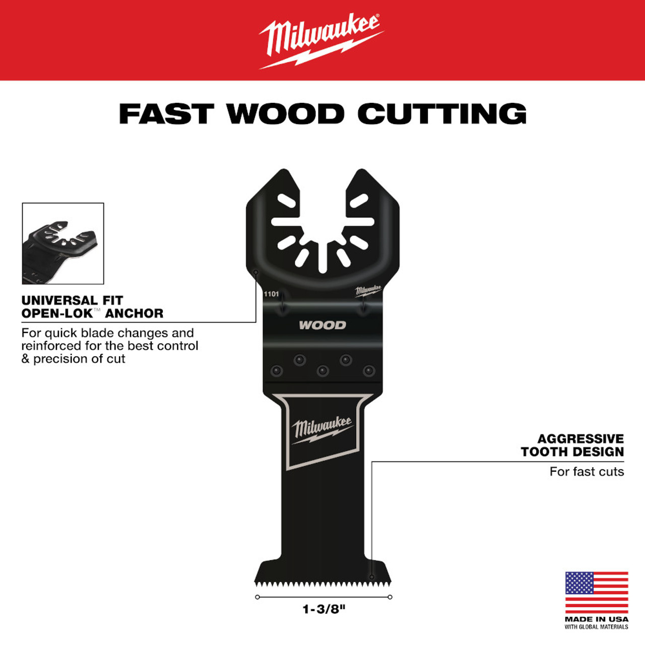 Milwaukee 49-25-1101 OPEN-LOK 1-3/8-inch Universal Fit High Carbon Steel Wood Cutting Multi-Tool Oscillating Blades - 3pk showing features of the blades Milwaukee 49-25-1101 OPEN-LOK 1-3/8-inch Universal Fit High Carbon Steel Wood Cutting Multi-Tool Oscillating Blades - 3pk showing features of the blades