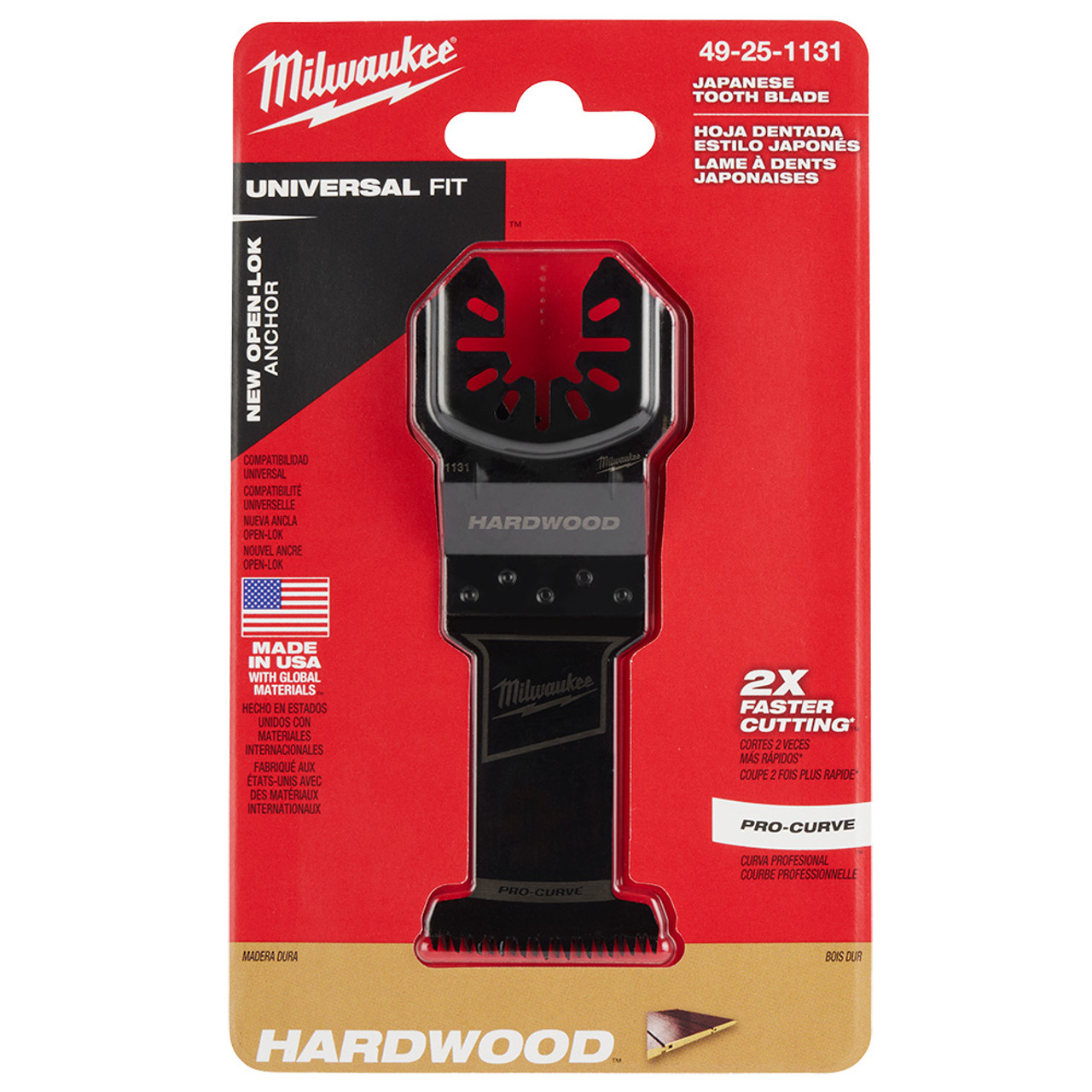 Milwaukee 49-25-1131 OPEN-LOK 1-3/8-inch Universal Fit HCS Japanese Teeth Hardwood Cutting Multi-Tool Oscillating Blade showing blade set in packaging Milwaukee 49-25-1131 OPEN-LOK 1-3/8-inch Universal Fit HCS Japanese Teeth Hardwood Cutting Multi-Tool Oscillating Blade showing blade set in packaging