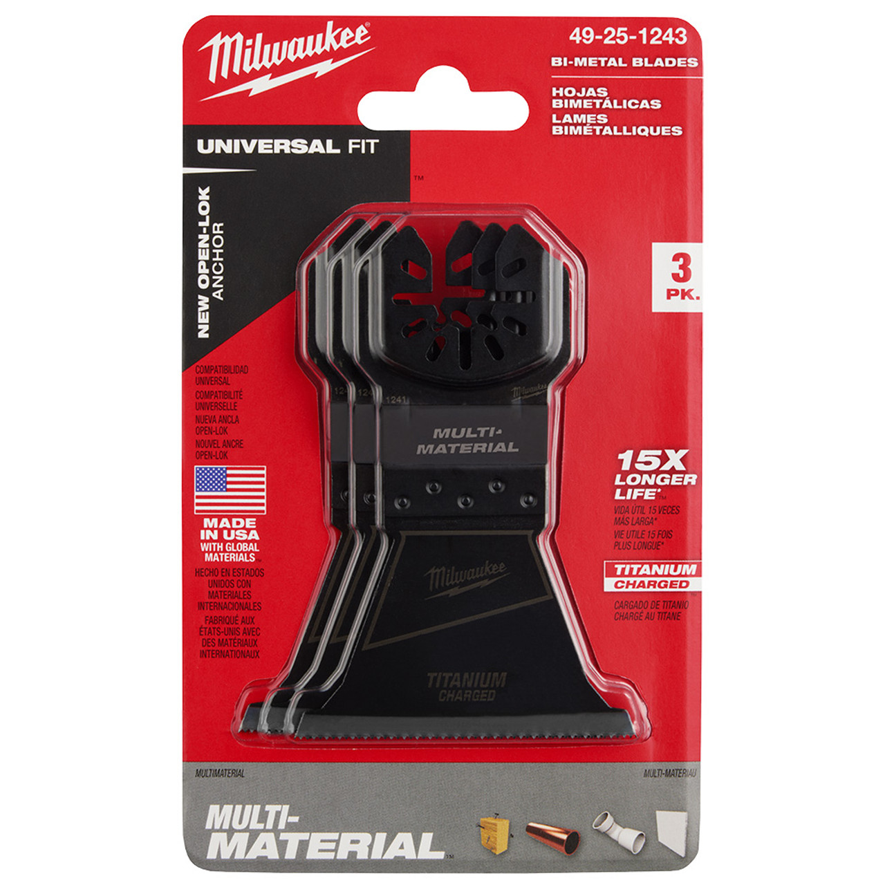 Milwaukee 49-25-1243 OPEN-LOK 2-1/2-inch Universal Fit Titanium Enhanced Bi-Metal Multi-Material Cutting Multi-Tool Oscillating Blades - 3pk showing blade in packaging Milwaukee 49-25-1243 OPEN-LOK 2-1/2-inch Universal Fit Titanium Enhanced Bi-Metal Multi-Material Cutting Multi-Tool Oscillating Blades - 3pk showing blade in packaging