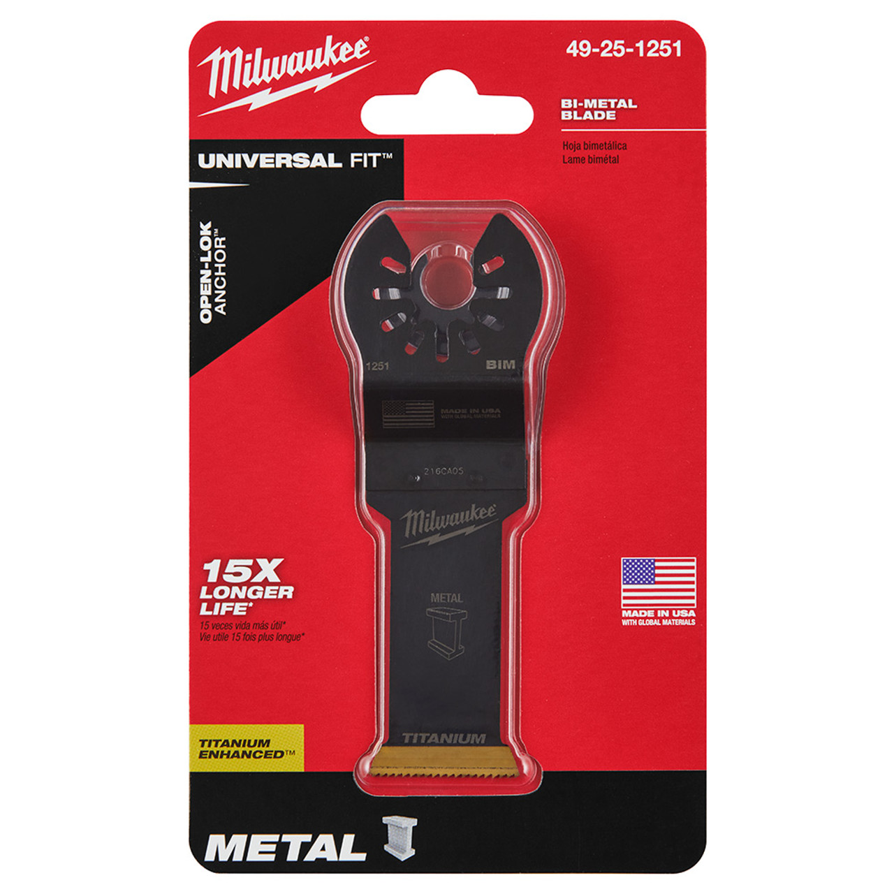 Milwaukee 49-25-1251 OPEN-LOK 1-1/8-inch Universal Fit Titanium Enhanced Bi-Metal Metal Cutting Multi-Tool Oscillating Blade showing blade in packaging Milwaukee 49-25-1251 OPEN-LOK 1-1/8-inch Universal Fit Titanium Enhanced Bi-Metal Metal Cutting Multi-Tool Oscillating Blade showing blade in packaging
