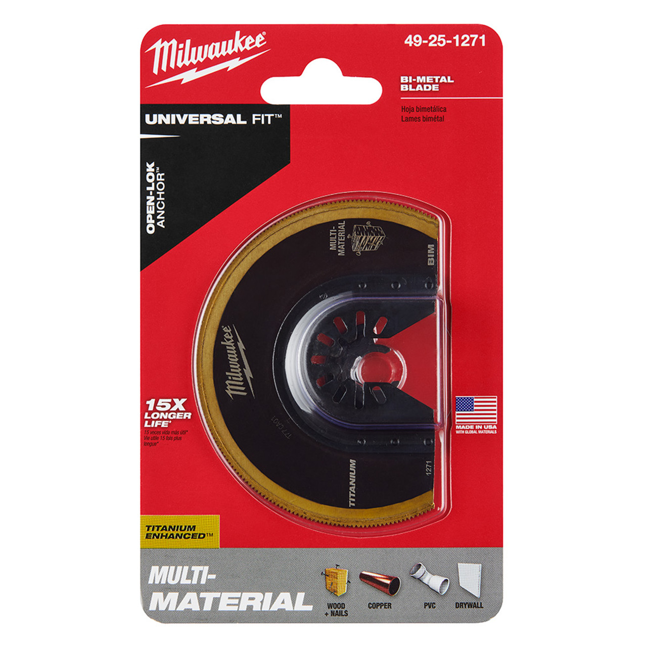 Milwaukee 49-25-1271 OPEN-LOK 3-1/2-inch Universal Fit Titanium Enhanced Bi-Metal Segmented Multi-Material Cutting Multi-Tool Oscillating Blade showing blade in packaging Milwaukee 49-25-1271 OPEN-LOK 3-1/2-inch Universal Fit Titanium Enhanced Bi-Metal Segmented Multi-Material Cutting Multi-Tool Oscillating Blade showing blade in packaging