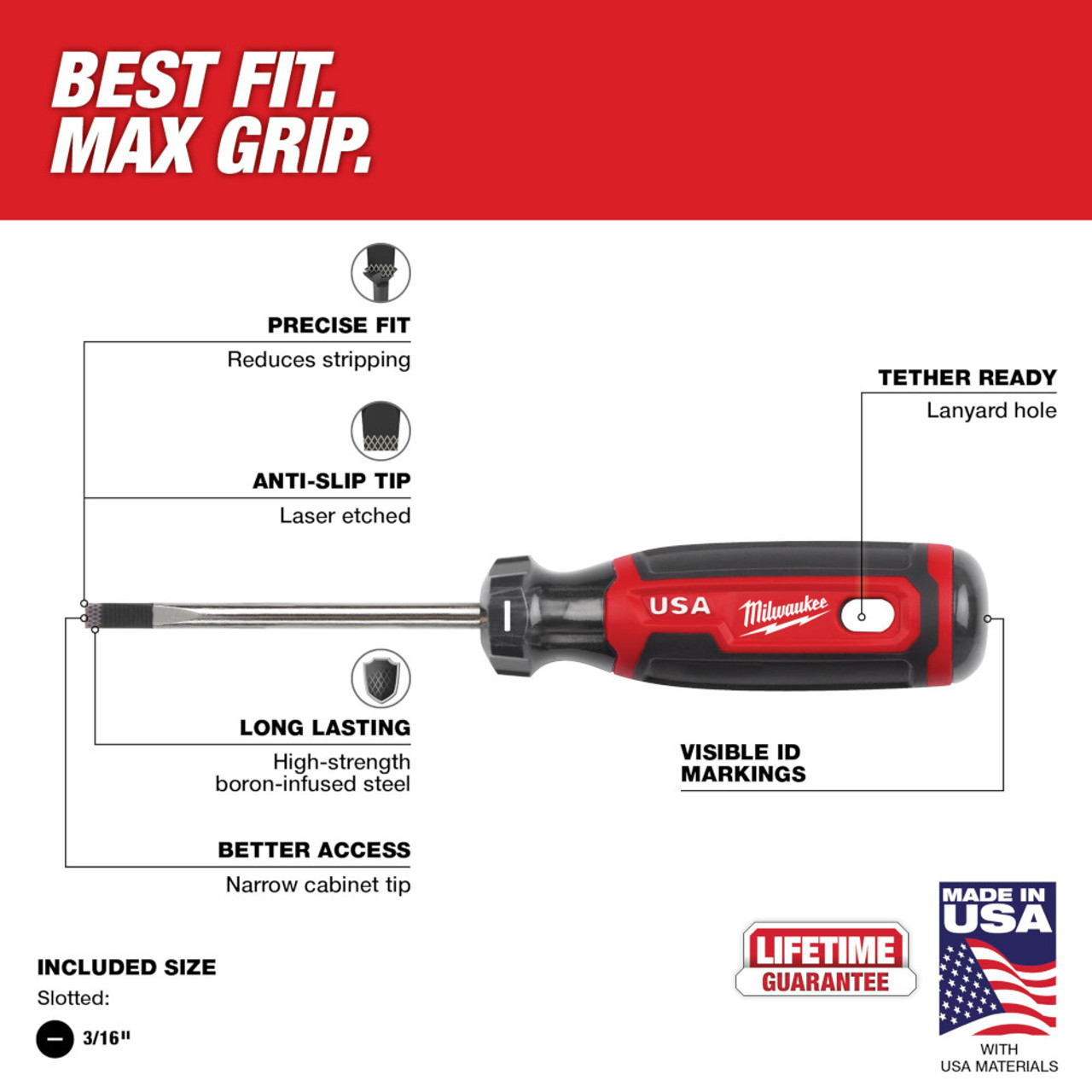 Milwaukee MT211 Cushion Grip 3-inch x 3/16-inch Cabinet Screwdriver showing features of the screwdriver Milwaukee MT211 Cushion Grip 3-inch x 3/16-inch Cabinet Screwdriver showing features of the screwdriver