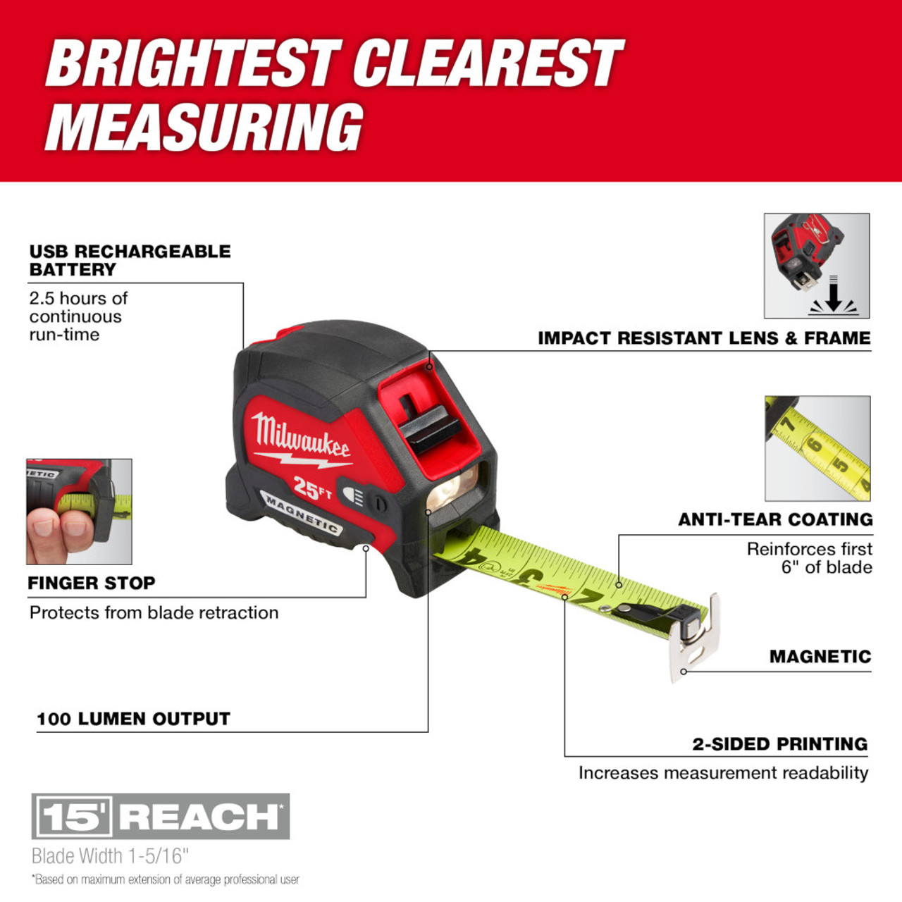 Milwaukee 48-22-0428 25 ft. Compact Wide Blade Magnetic Tape Measure with Rechargeable 100L Light Milwaukee 48-22-0428 25 ft. Compact Wide Blade Magnetic Tape Measure with Rechargeable 100L Light