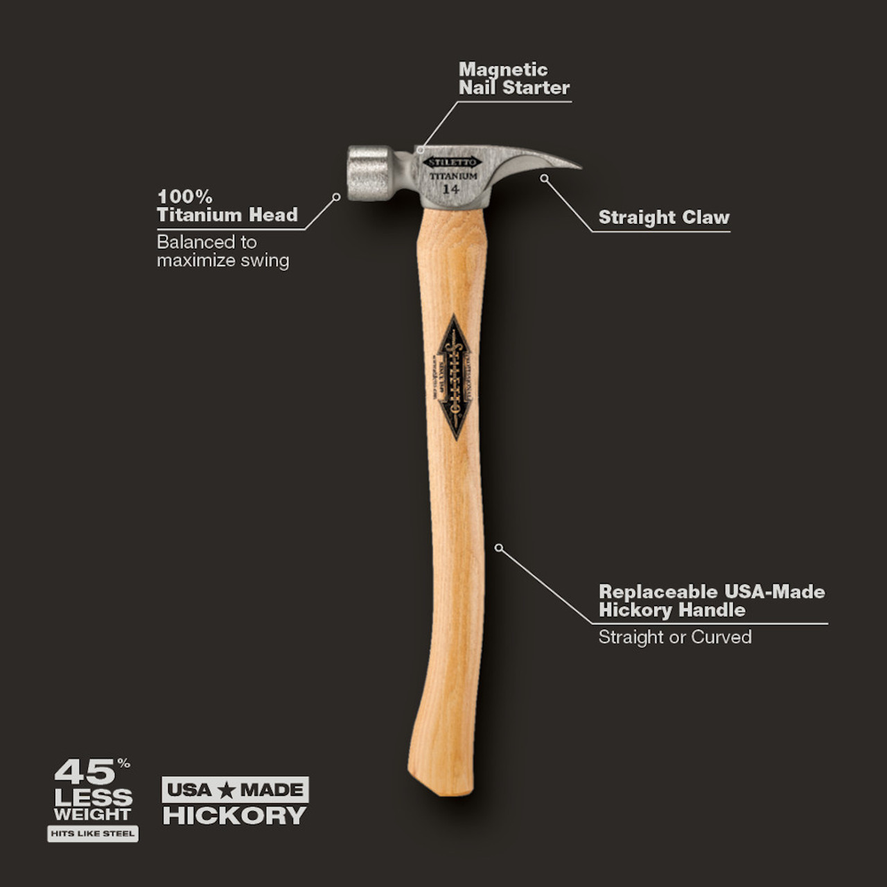 Stiletto TI14SC 14oz Titanium Smooth Face Framing Hammer with 18 inch Curved Hickory Handle Stiletto TI14SC 14oz Titanium Smooth Face Framing Hammer with 18 inch Curved Hickory Handle