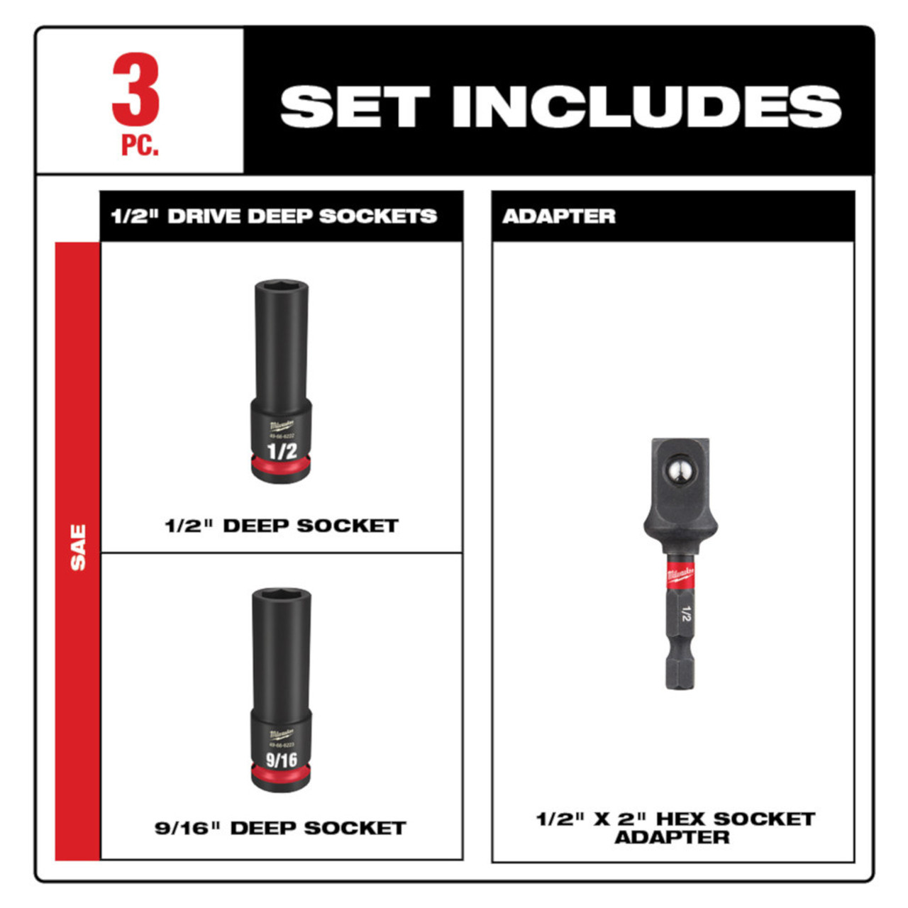 Milwaukee 49-66-4485 SHOCKWAVE Impact Duty 3pc 1/2 inch SAE Deep Well 6 Point Socket Set Milwaukee 49-66-4485 SHOCKWAVE Impact Duty 3pc 1/2 inch SAE Deep Well 6 Point Socket Set
