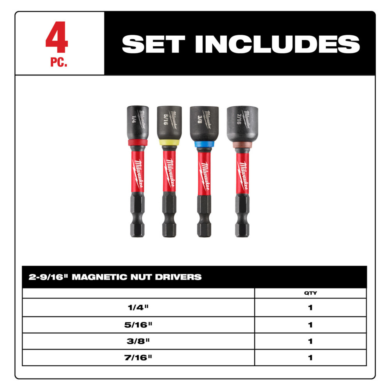 Milwaukee 49-66-4566 4pc 2-9/16 inch SHOCKWAVE Impact Duty Magnetic Nut Driver Set