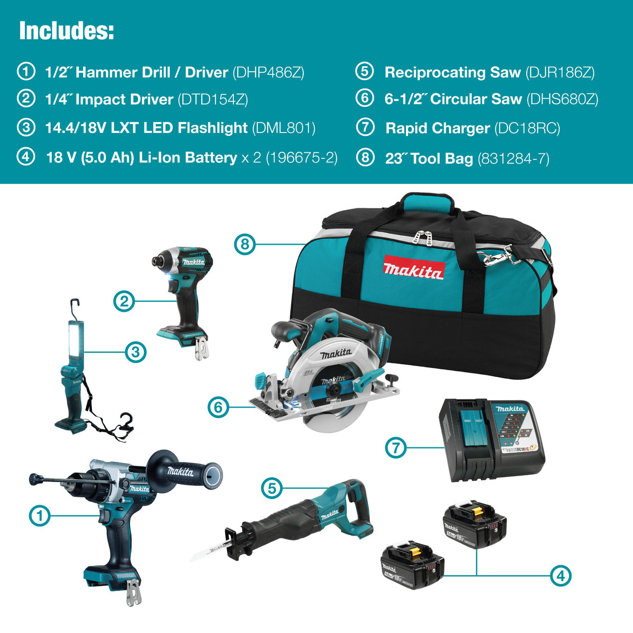 Makita DLX5083TX1 18V LXT 5-Tool Cordless Reciprocating Saw  / 1/2 Inch Hammer Drill/Driver / 1/4 Inch Impact Driver / 6-1/2 Inch Circular Saw / LED Flashlight Combo Kit