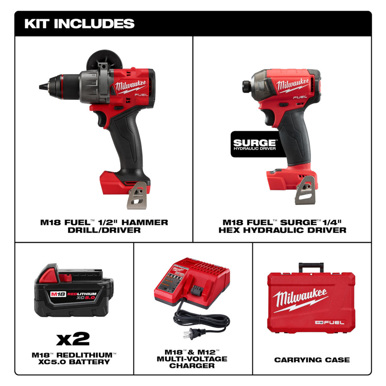 Milwaukee 3699-22 M18 FUEL 2-Tool Cordless Brushless SURGE 1/4 Inch Hex Hydraulic Driver  and 1/2 Inch Hammer Drill Kit Milwaukee 3699-22 M18 FUEL 2-Tool Cordless Brushless SURGE 1/4 Inch Hex Hydraulic Driver  and 1/2 Inch Hammer Drill Kit