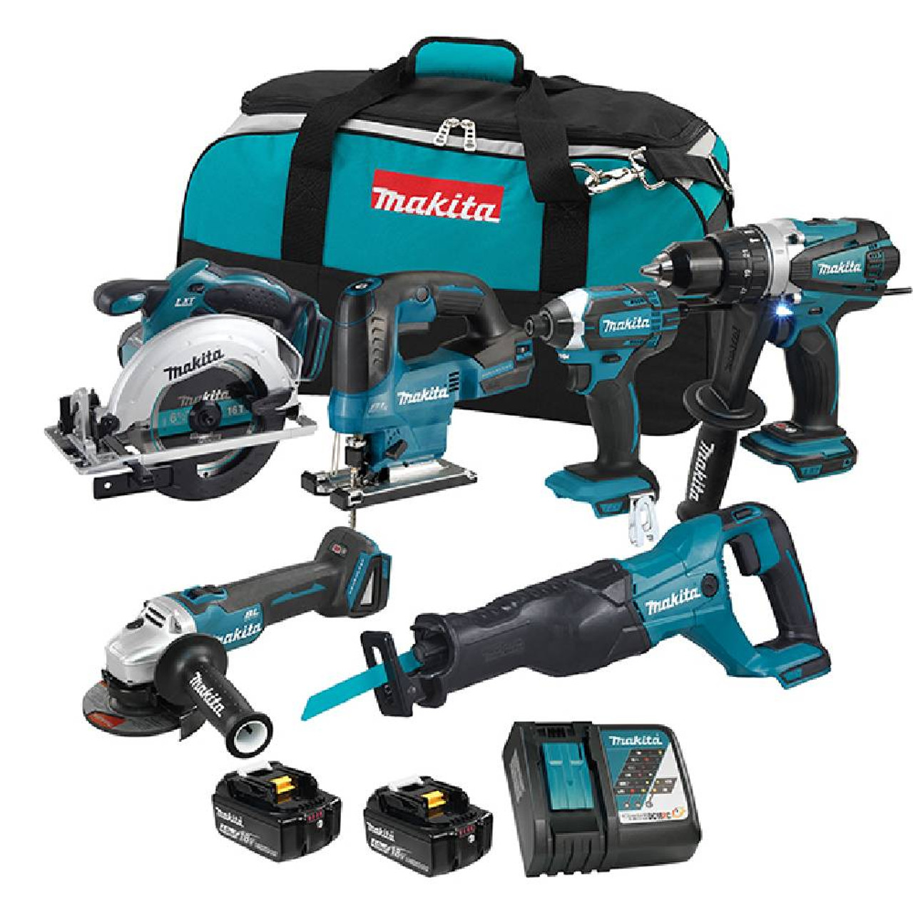 Makita DLX6123M 18V LXT 6-Tool Cordless Reciprocating Saw  / 5 Inch Angle Grinder / 1/2 Inch Hammer Drill/Driver / 1/4 Inch Impact Driver / 6-1/2 Inch Circular Saw / 15/16 Inch Rotary Hammer Combo Kit