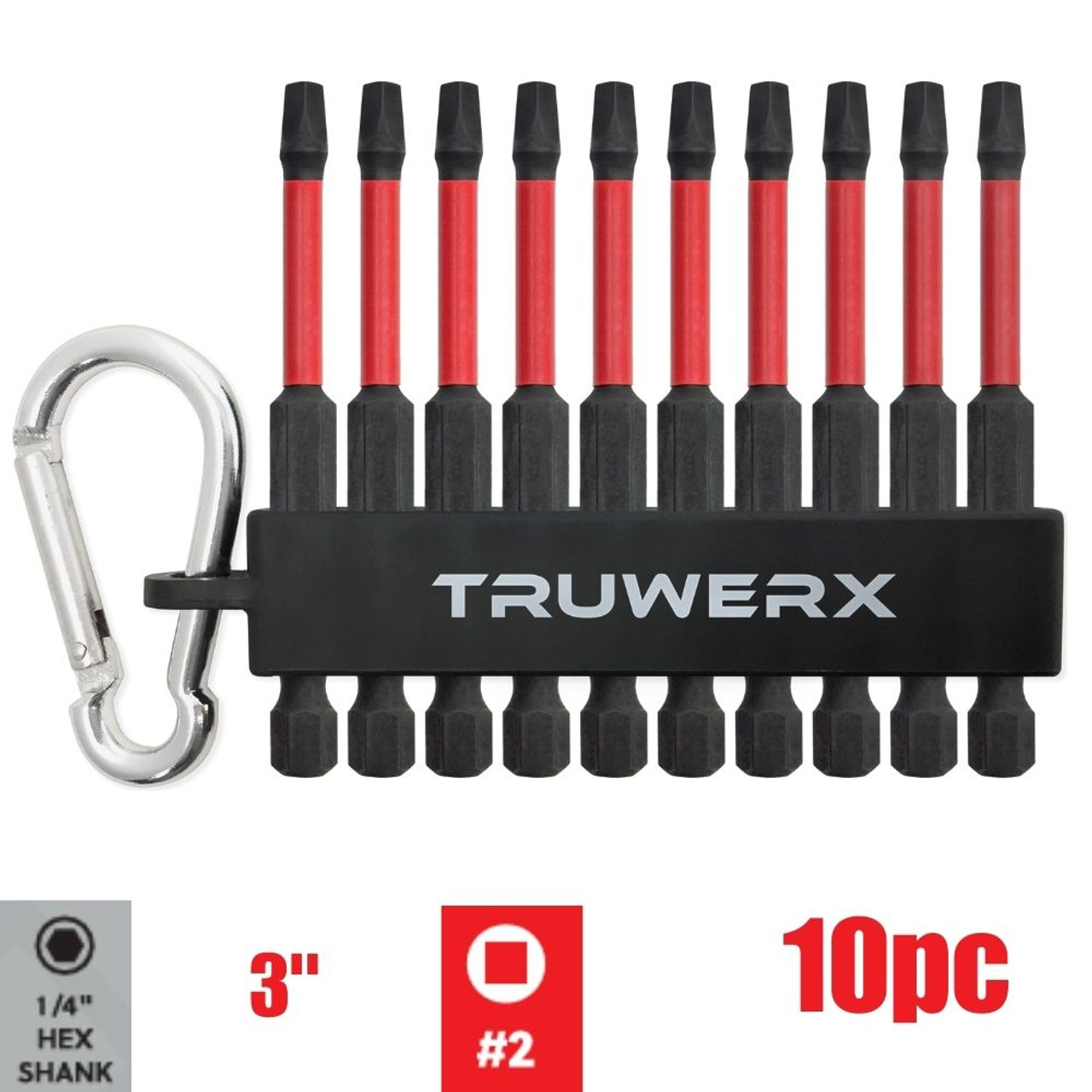 Truwerx 51006 10pc #2 Square x 3 inch Impact Driver Bit Set with Carabiner
