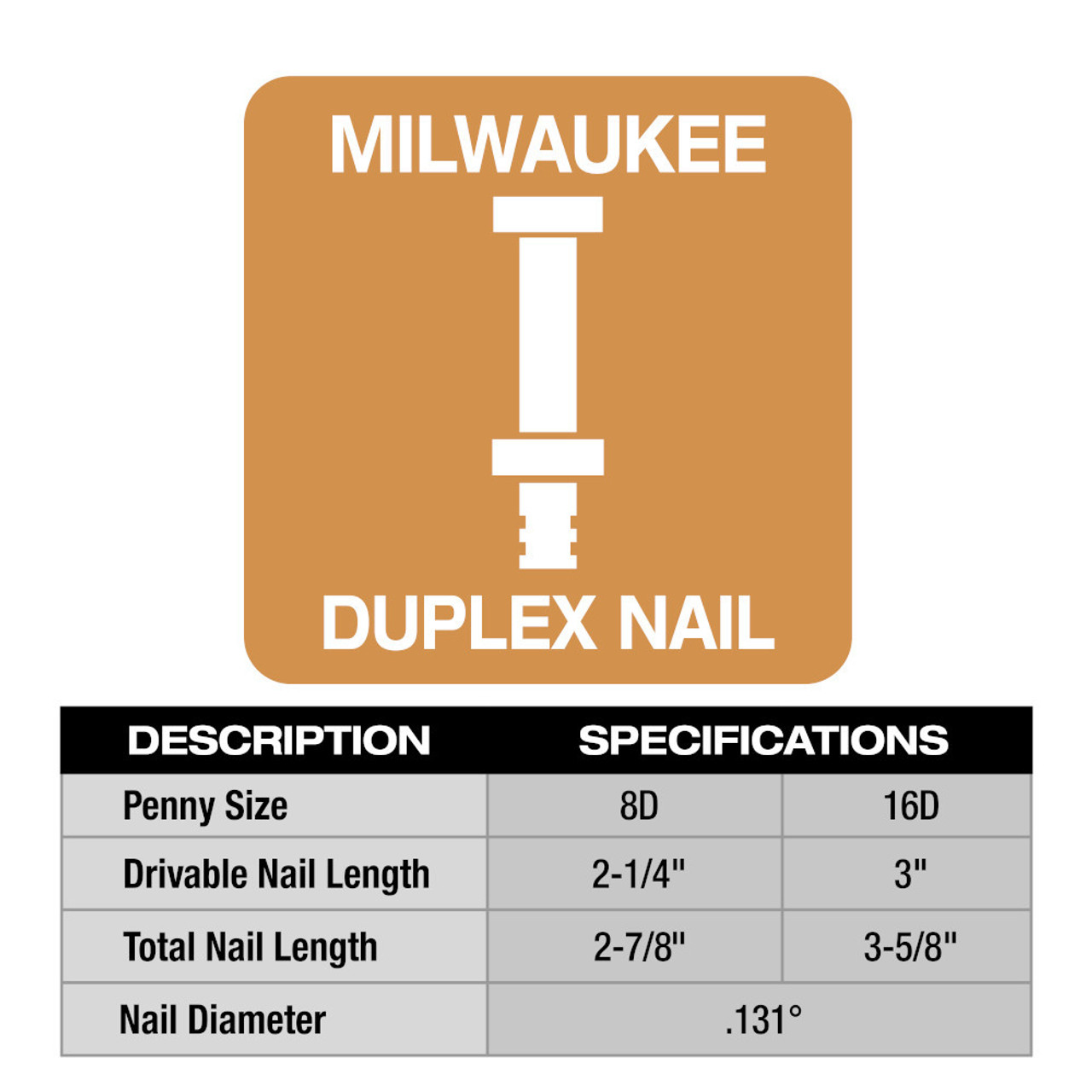 Milwaukee MDP16D-2000 3 Inch x .131 Inch Collated Duplex Nails - 2,000pk