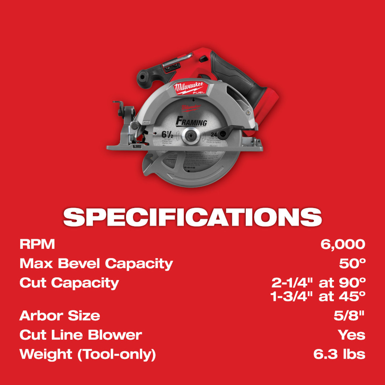 Milwaukee 2833-20 M18 FUEL Cordless Brushless 6-1/2 Inch Circular Saw (Tool Only)