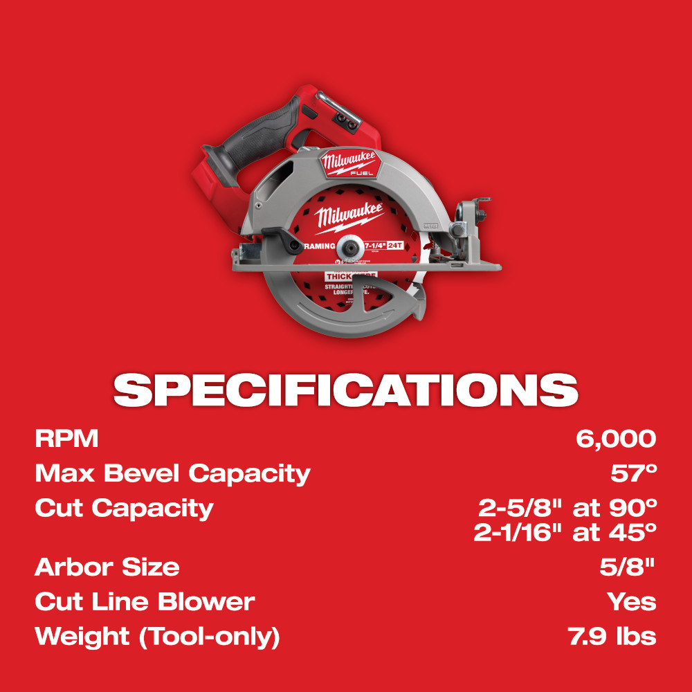 Milwaukee 2834-20 M18 FUEL Cordless Brushless 7-1/4 Inch Circular Saw (Tool Only)