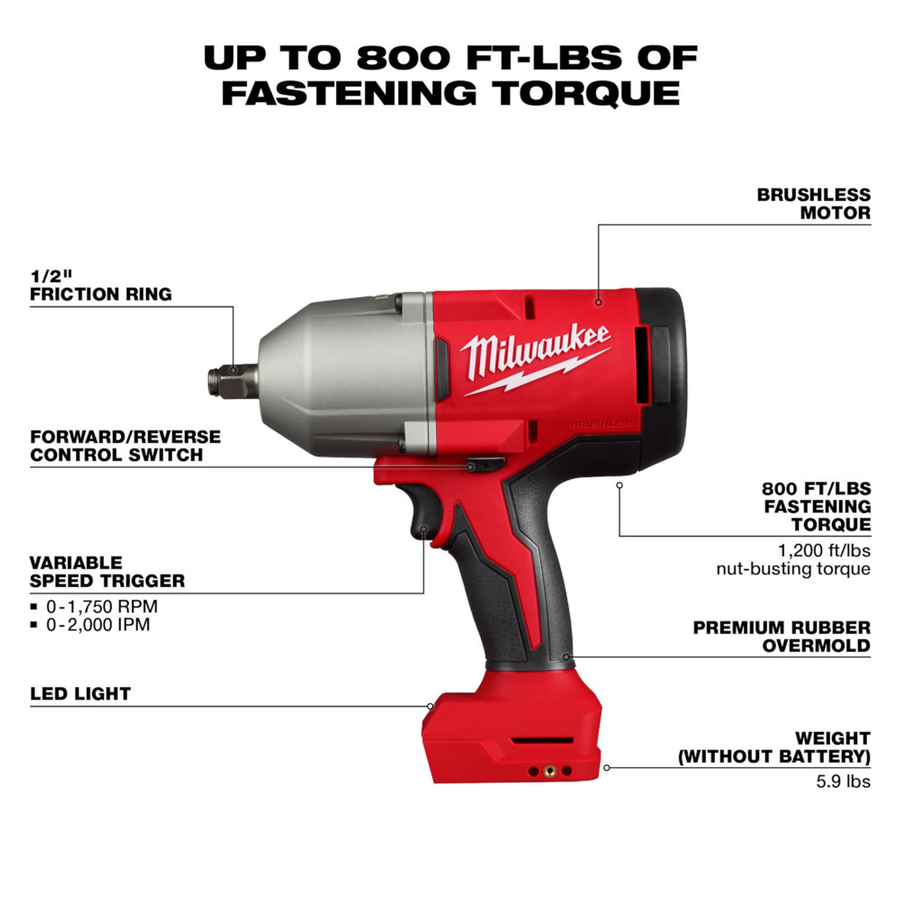 Milwaukee 2666-20 M18 Cordless Brushless 1/2 Inch High-Torque Impact Wrench with Friction Ring (Tool Only)