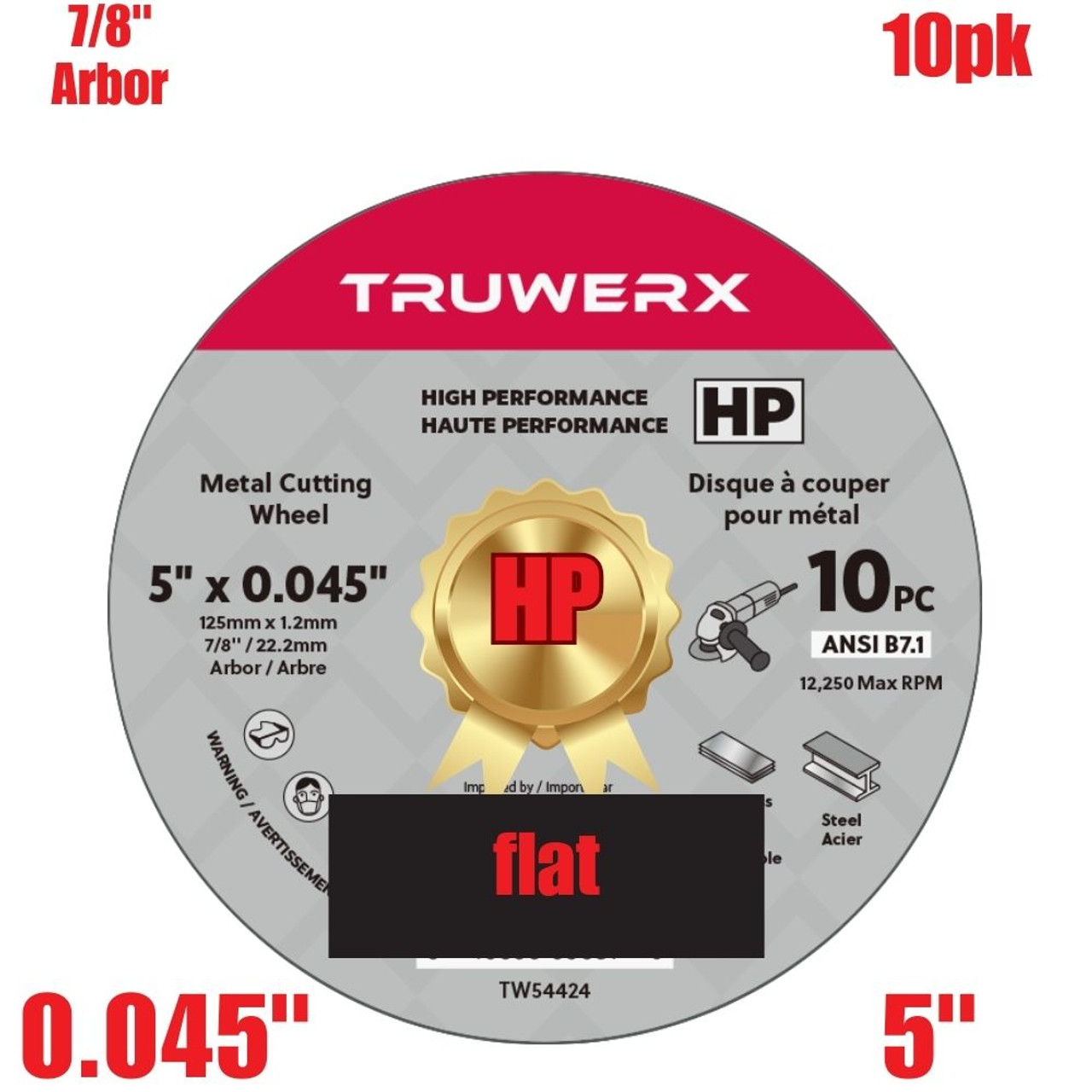 Truwerx 54424 5-inch x 0.045-inch x 7/8-inch High Performance Flat Cut-Off Wheels for Metal Cutting - 10pk