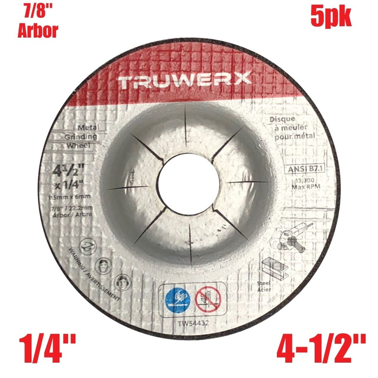 Truwerx 54432 4-1/2-inch x 1/4-inch x 7/8-inch Metal Grinding Wheels - 5pk
