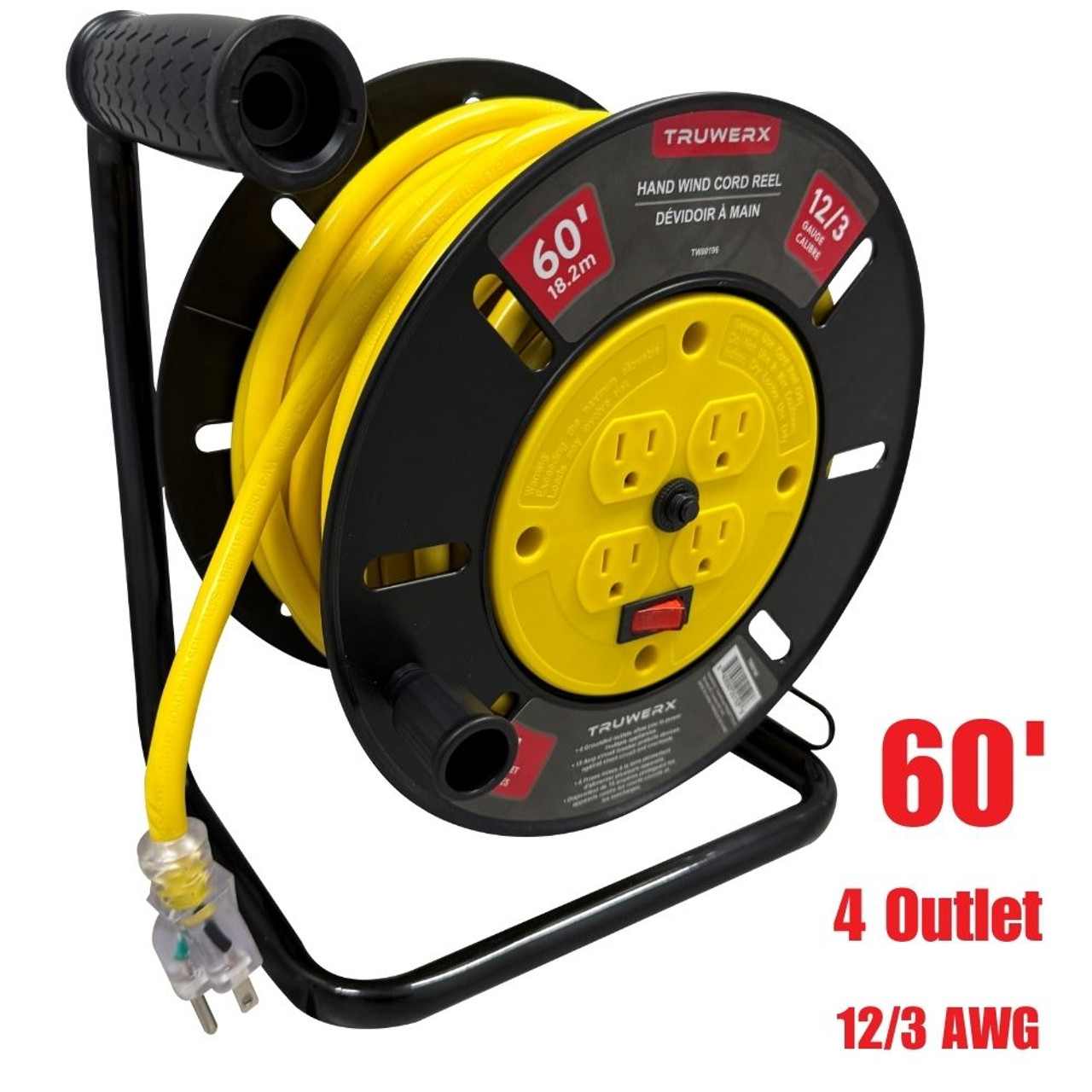 Truwerx 80196 60 ft. 12/3 Gauge 4 Outlet Hand Wind Cord Reel