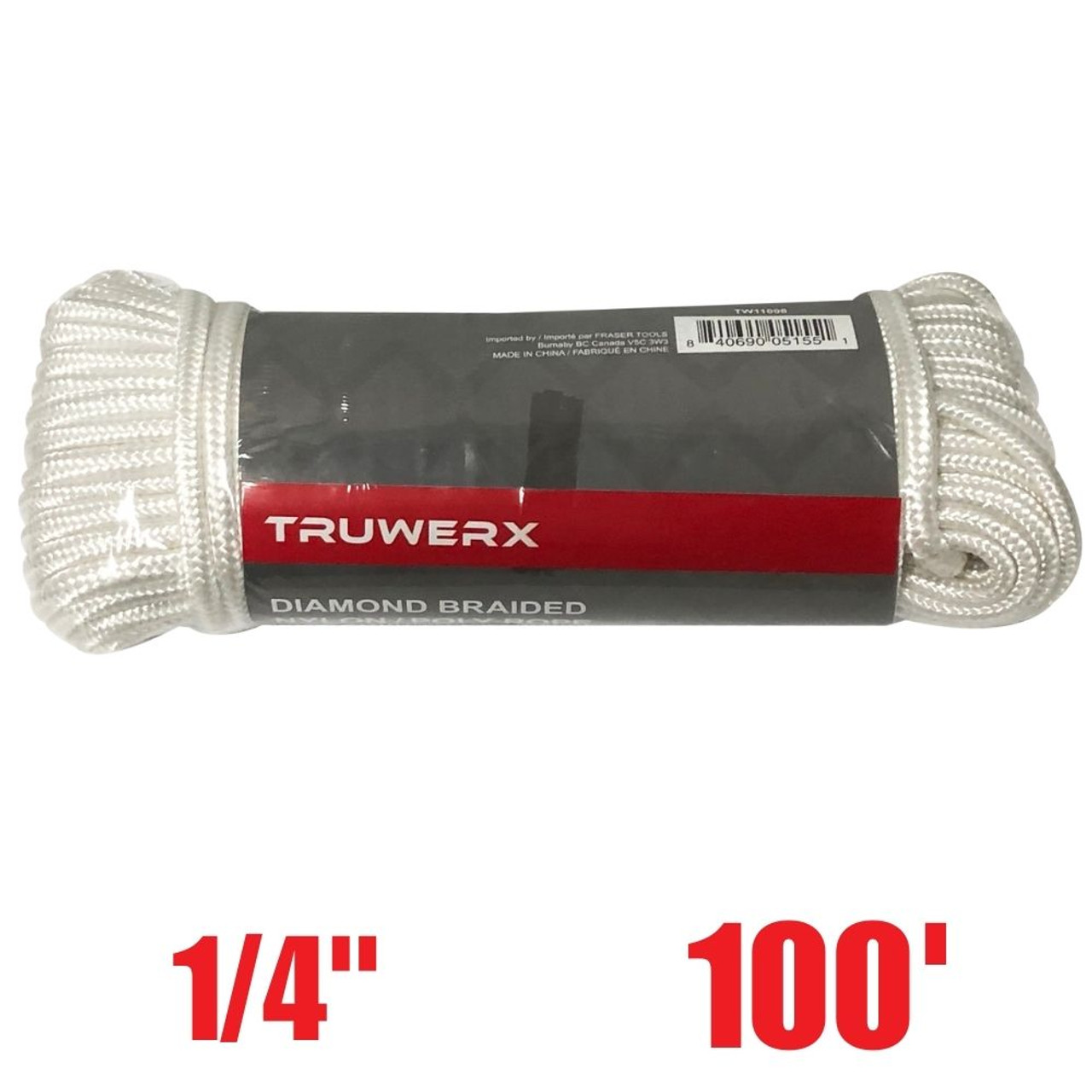 Truwerx 11008 1/4 inch x 100 ft. Nylon/Poly Diamond Braid Utility Rope -  White