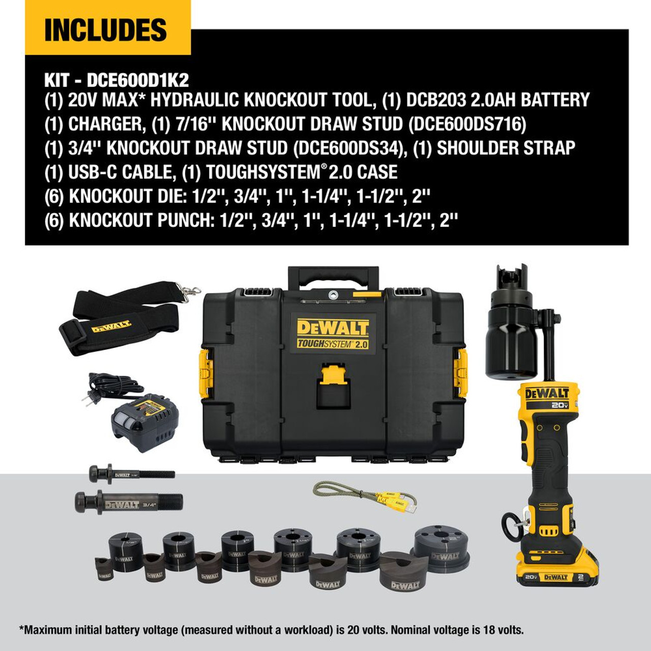 DeWalt DCE600D1K2 20V MAX Cordless 11T 1/2 Inch - 2 Inch Hydraulic Knockout Tool Kit