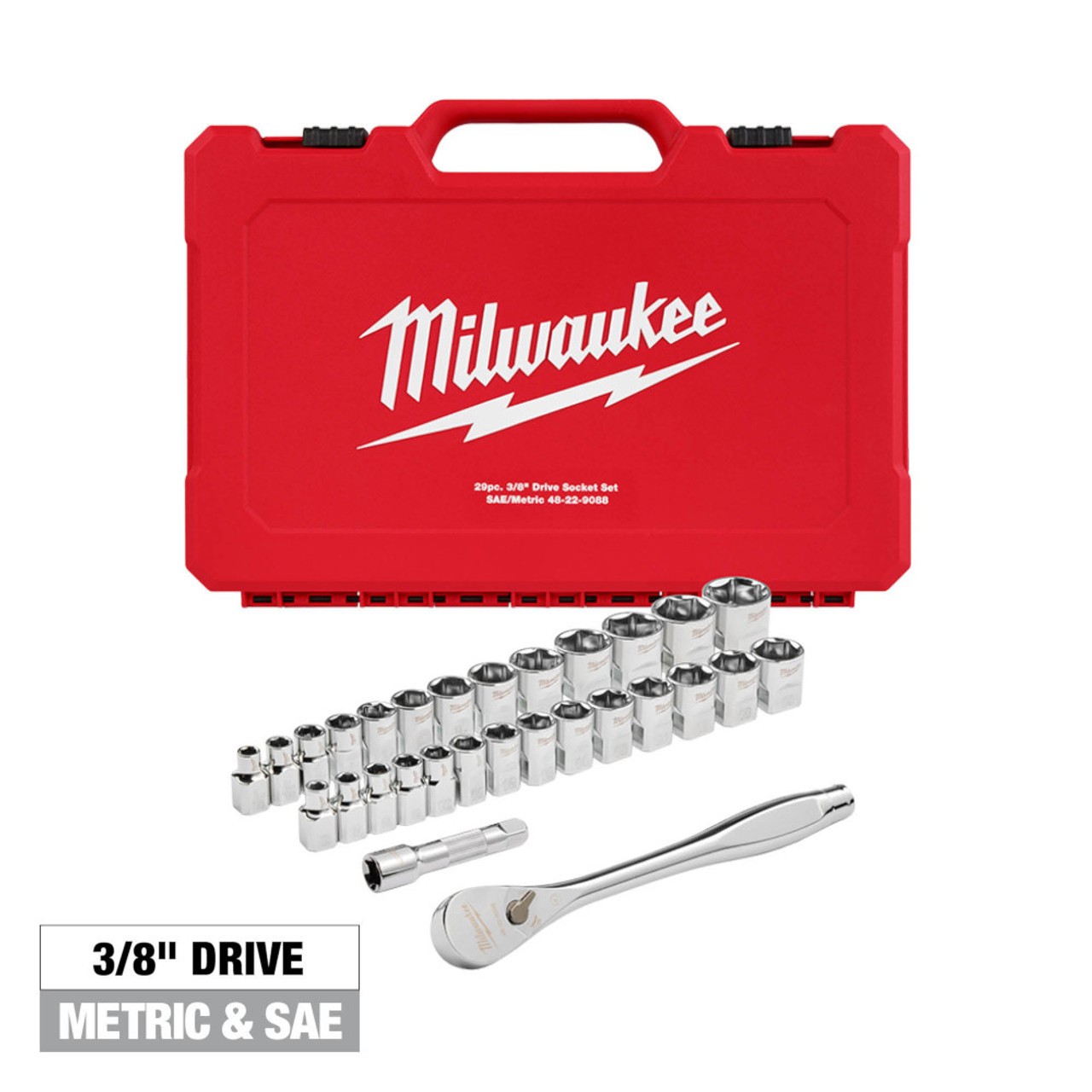 Milwaukee 29pc Metric & SAE 3/8 Inch Drive Ratchet & Socket Set with FOUR FLAT SIDES Milwaukee 29pc Metric & SAE 3/8 Inch Drive Ratchet & Socket Set with FOUR FLAT SIDES
