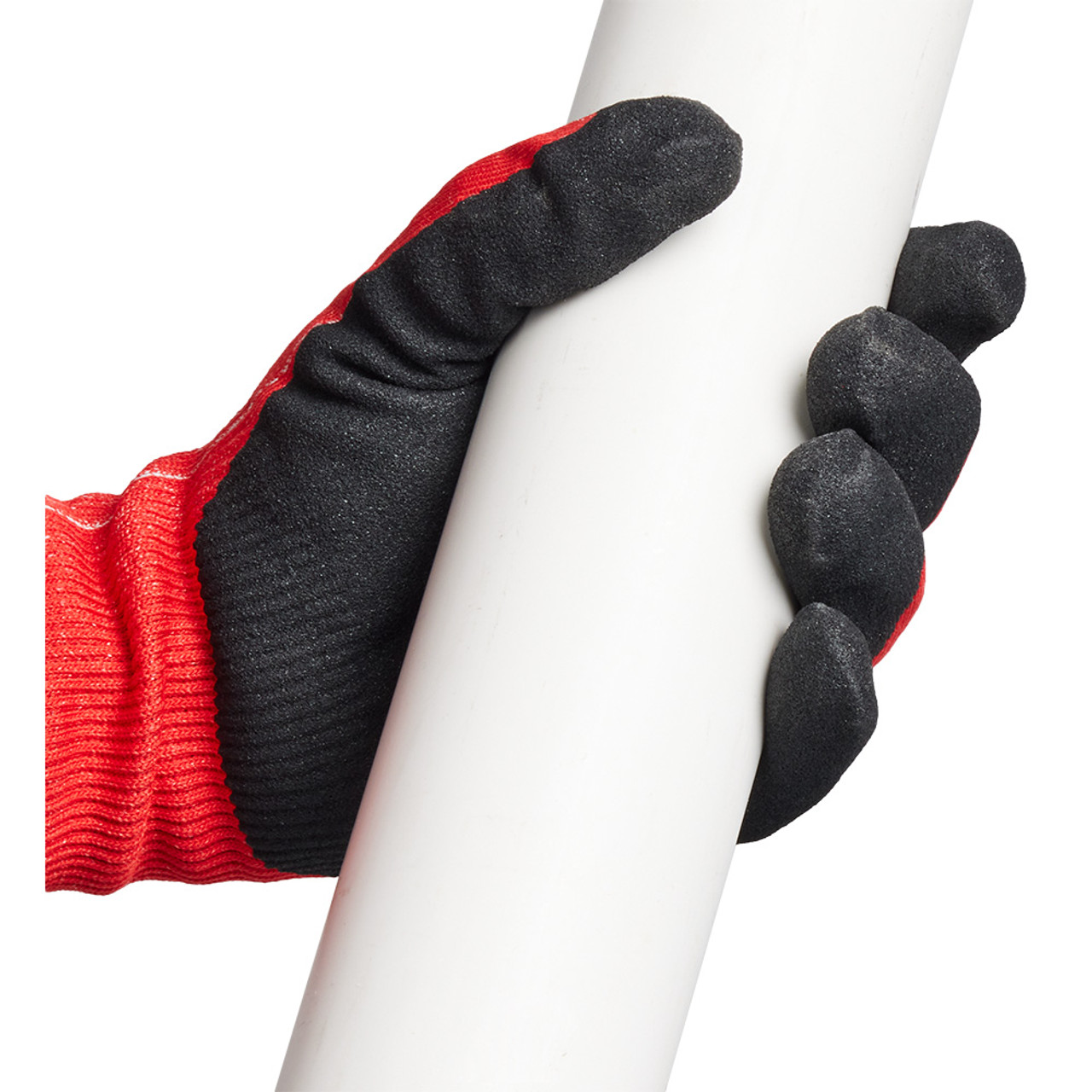 Milwaukee 48-73-8632 Cut Level 3 Nitrile Dipped Gloves – L showing gloves being worn while carrying pipe