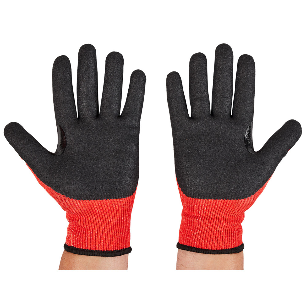 Milwaukee 48-73-8632 Cut Level 3 Nitrile Dipped Gloves – L showing inside the gloves being worn