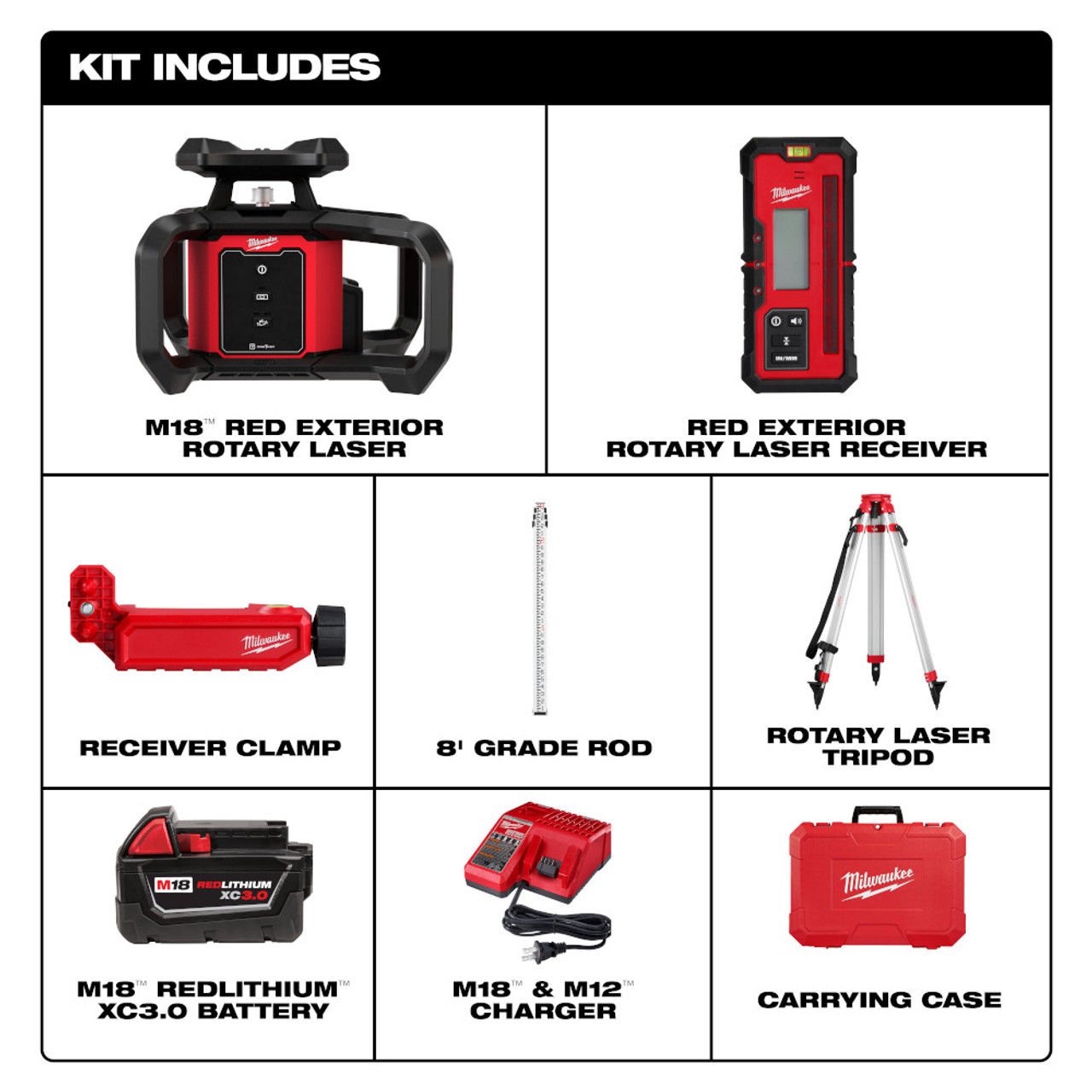 Milwaukee 3701-21T M18 Cordless 2000 foot Red Exterior Rotary Laser Level Kit with Receiver, Tripod, & Grade Rod
