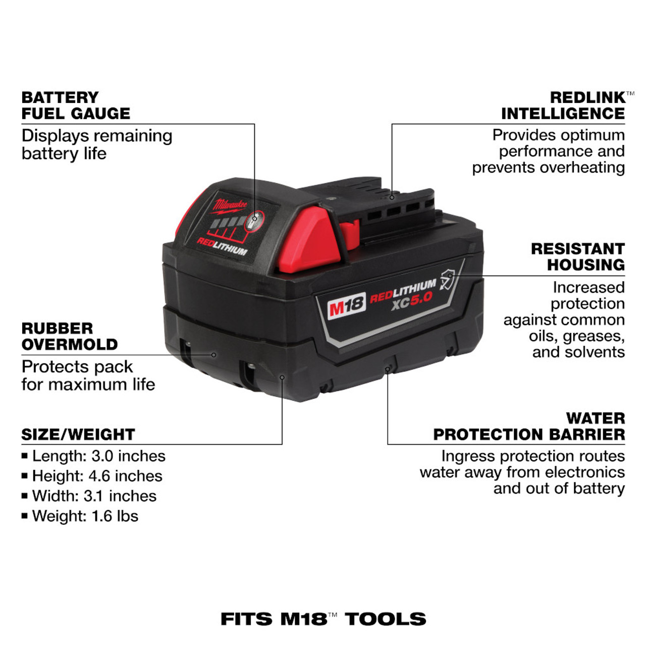 Milwaukee 48-11-1850R M18 REDLITHIUM XC 5.0 Ah Resistant Battery Pack