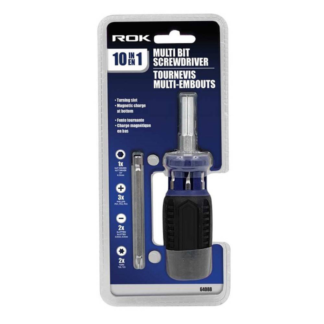 ROK 64088 10-in-1 Multi-Bit Screwdriver showing on packaging