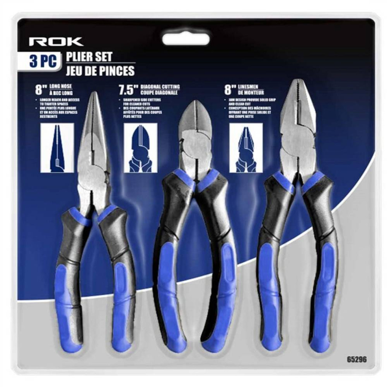 ROK 65296 3pc Pliers Set showing in packaging