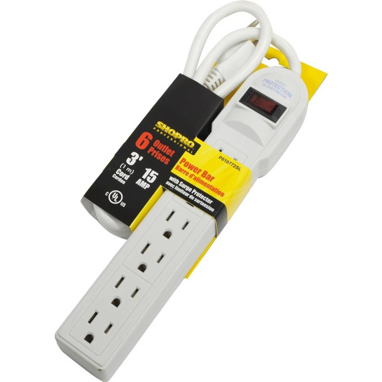 SHOPRO P010772SL 3' 14/3 Gauge SJT 6-Outlet Power Bar with Surge Protector