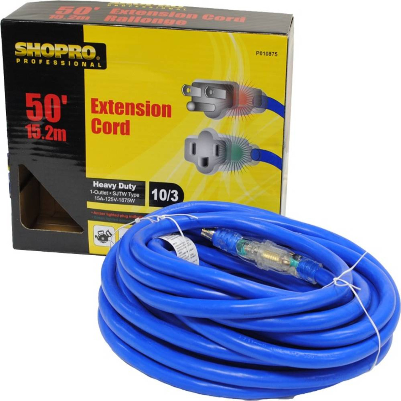 SHOPRO P010875 50' 10/3 Gauge Heavy-Duty Outdoor Extension Cord with Power Indicator Light