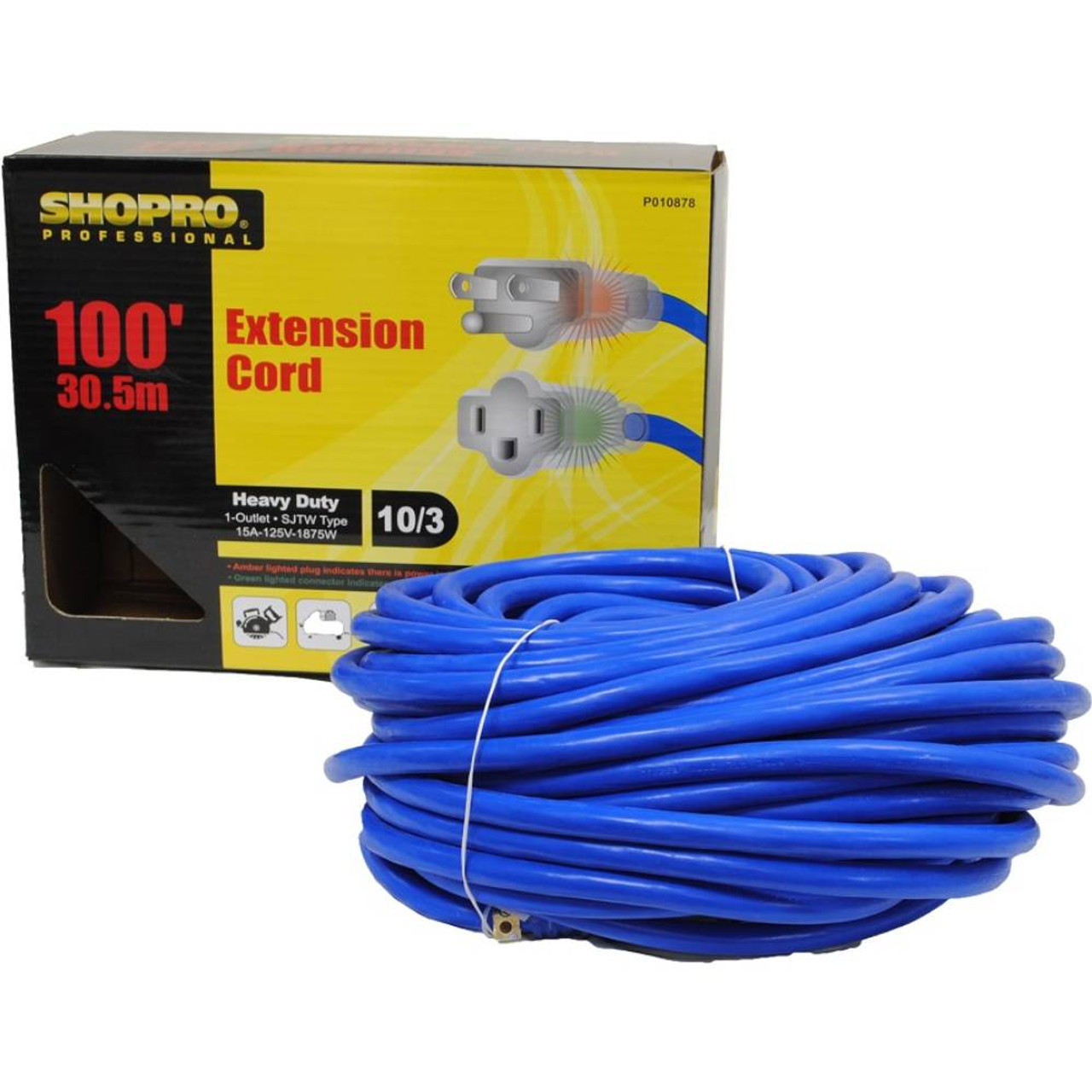 SHOPRO P010878 100' 10/3 Gauge Heavy-Duty Outdoor Extension Cord with Power Indicator Light