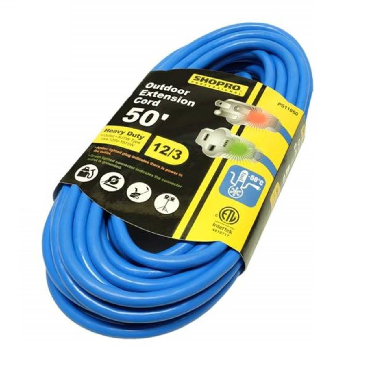 SHOPRO P011060 50' 12/3 Gauge Outdoor All-Weather Extension Cord with Power Indicator Light